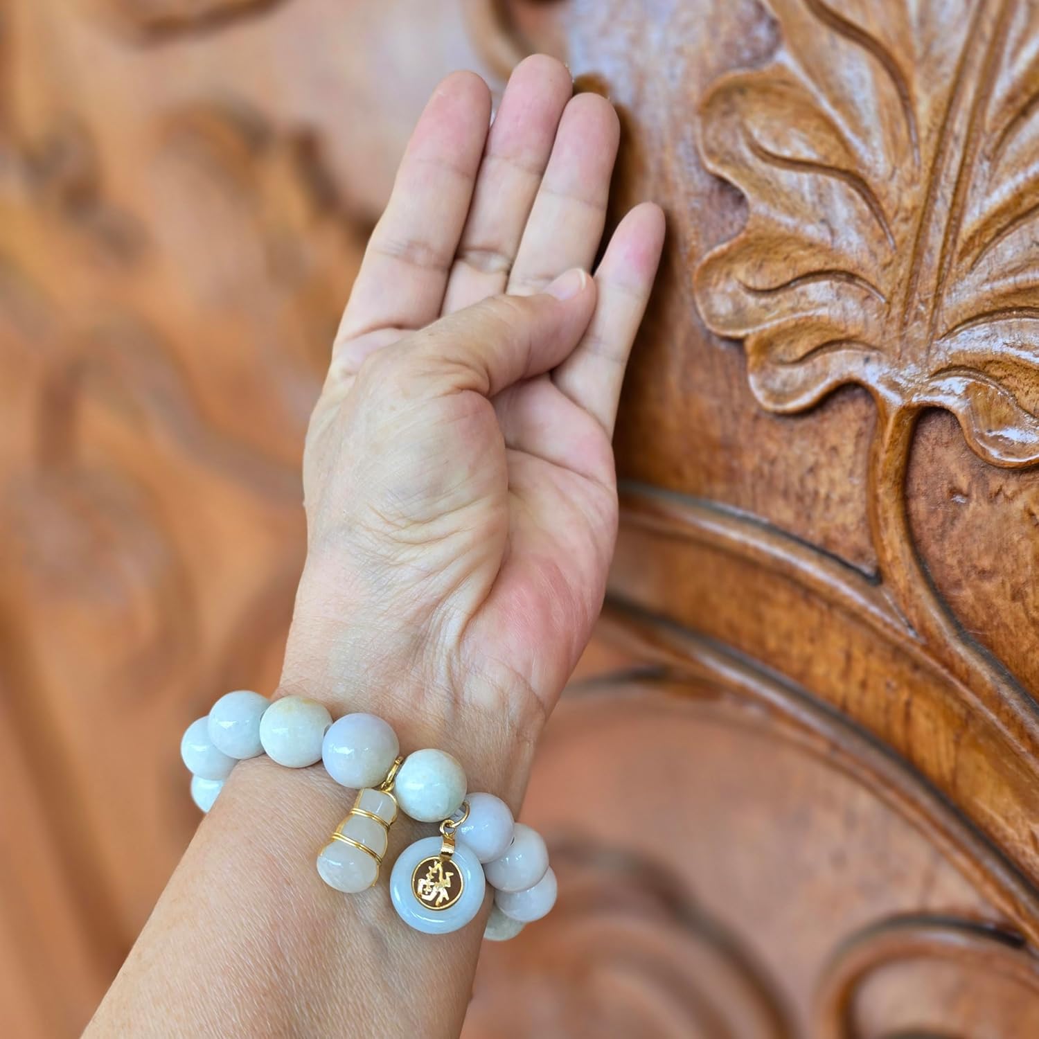 My Pet Elephant Heavens Tvcz Natural Thai Jade Bracelet 13.5mm Beads for Women with Lucky Jì Fú Coin & Calabash Prosperity Charm, Good Luck, Blessing, Spiritual Jewelry Gift, Free Skull Iron-On Patch - Image 2