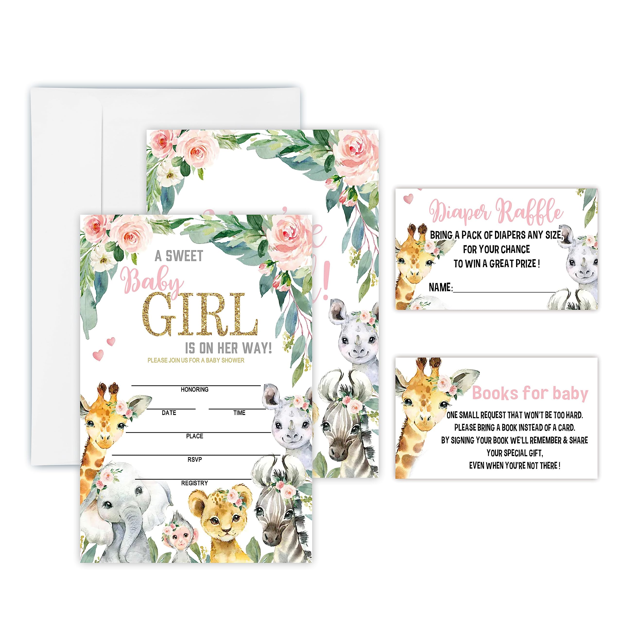 Baby Girl Baby Shower Invitation Set - Greenery Floral Safari Theme - 25 Invites & Envelopes?25 Dipaer Raffle Tickets & 25 Book Request Cards - Gender Reveal Party Supplies -TZ-A02