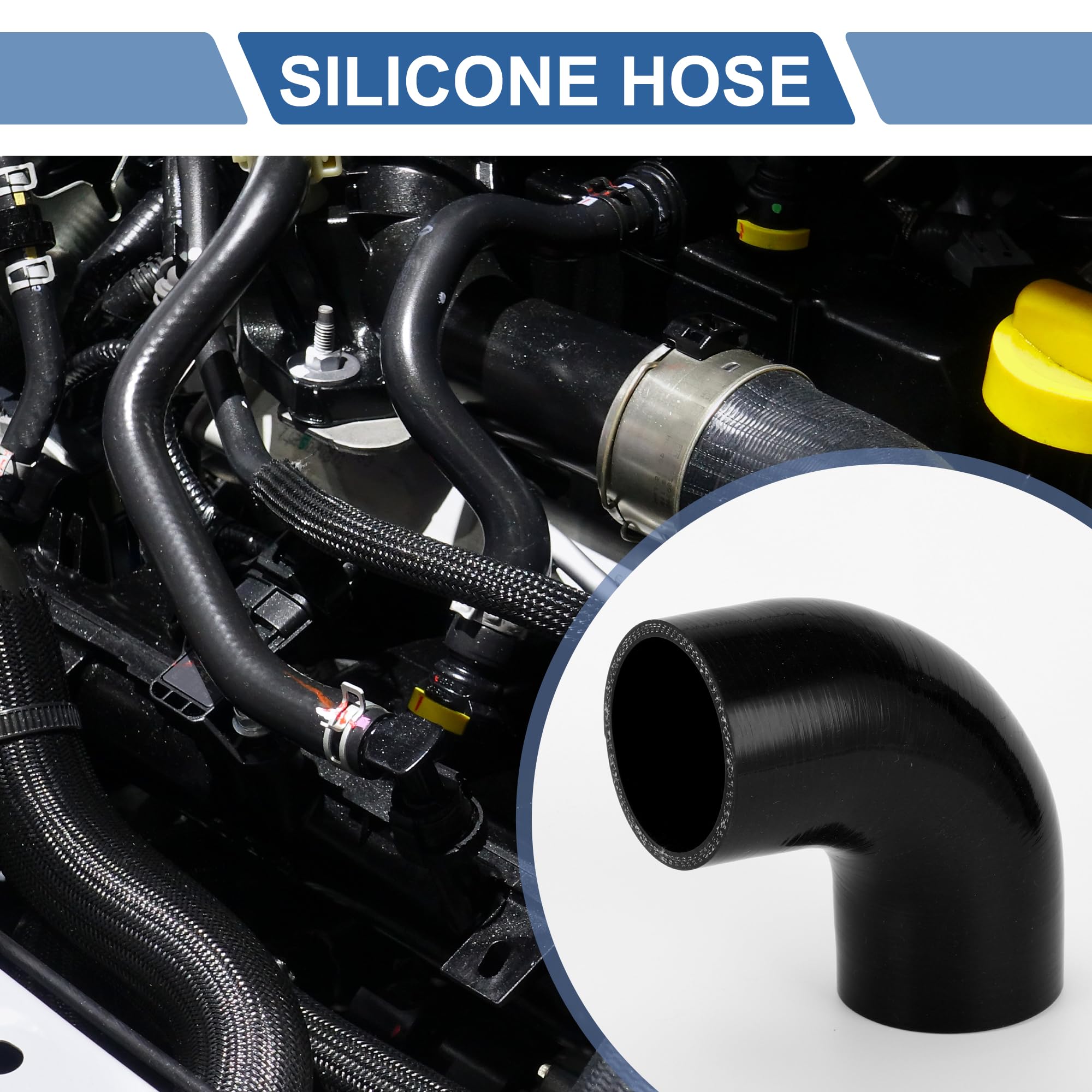 A ABSOPRO 1 Set 60mm/2.36" ID 90mm/3.54" Length 90 Degrees Black Car Silicone Hose with Clamps Coolant Hose Universal