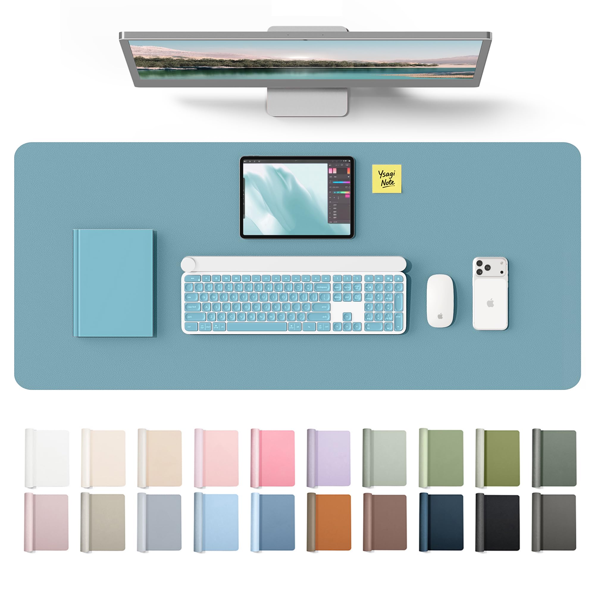 YSAGi Leather Desk Protector, Office Mat, Large Mouse Mat, Non-Slip PU Leather Blotter, Laptop Desk Mat, Waterproof Writing Pad for Office and Home(Aquamarine, 42" x 17.2")