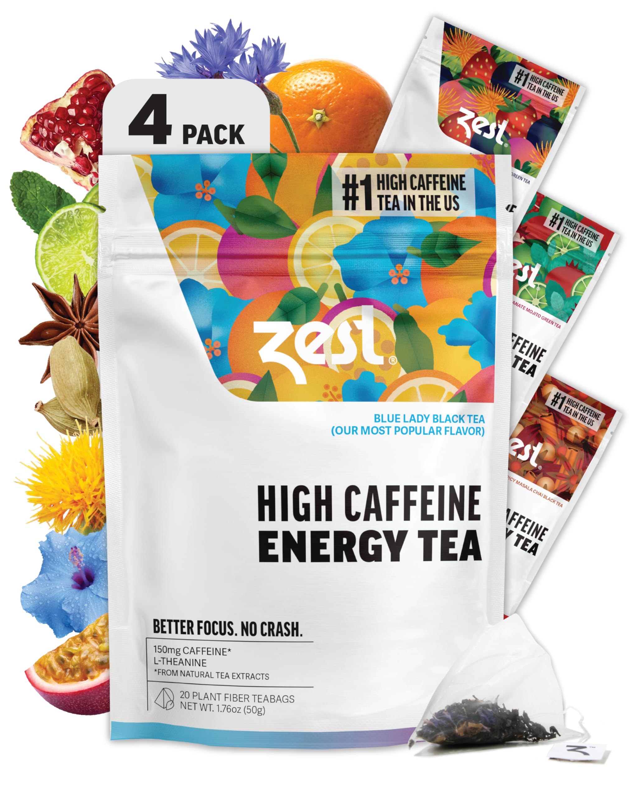 Zest Energy Tea Assortment Box – High Caffeine Tea Bags Sampler with Black & Green Tea – Caffeinated Coffee Alternative for Morning Focus – 80 Tea Bags – 135-150mg Caf per Cup – Natural, Non-GMO, Keto