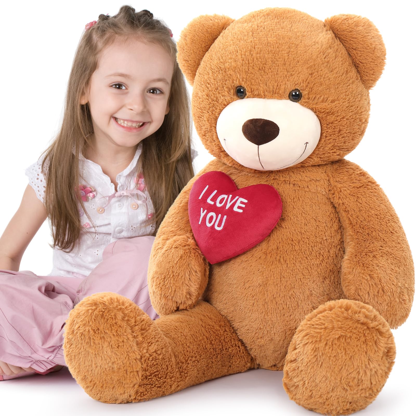 MorisMos 90cm/36in Cute I LOVE YOU Teddy Bear, Large Cuddly Super Soft Teddybear, Fluffy Stuffed Teddys Plush Toy Gifts for Kids Girls Wife Girlfriend, Birthday Party Decor 3ft Brown