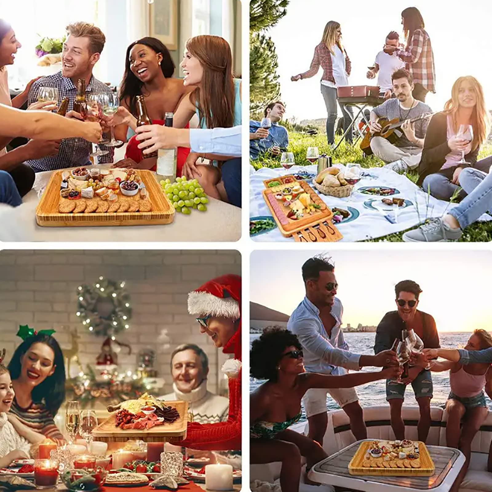 Doppeltes Käsebrett Aus Bambus, Käseplatte, Wurstplatte, Serviertablett Mit Besteck In Doppelt Ausziehbarer Schublade, Geschenk Für Valentinstag, Hochzeit, Einweihungsparty