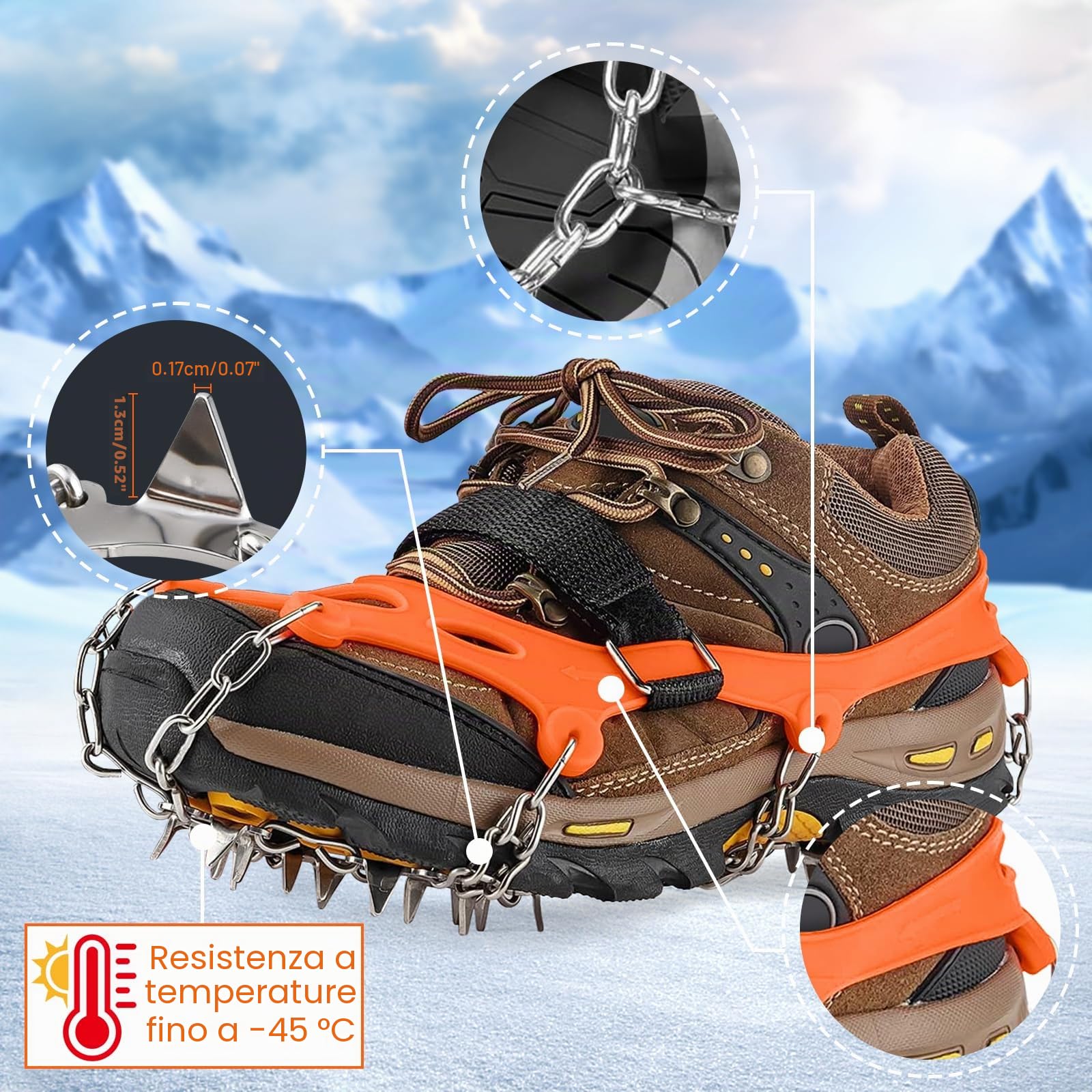 Ramponi per Scarponi,Ramponi da Ghiaccio per Scarponi,24 Denti,Portatile Ramponcini,per trekking invernale,Trekking Trail Running da Antiscivolo,Camminare su Neve e Ghiaccio Campeggio