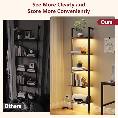 Miniatura 6 de Tajsoon - Estantería de escalera de 5 niveles con luz LED, estantería de escalera montada en la pared con marco de metal, estantería de escalera de
