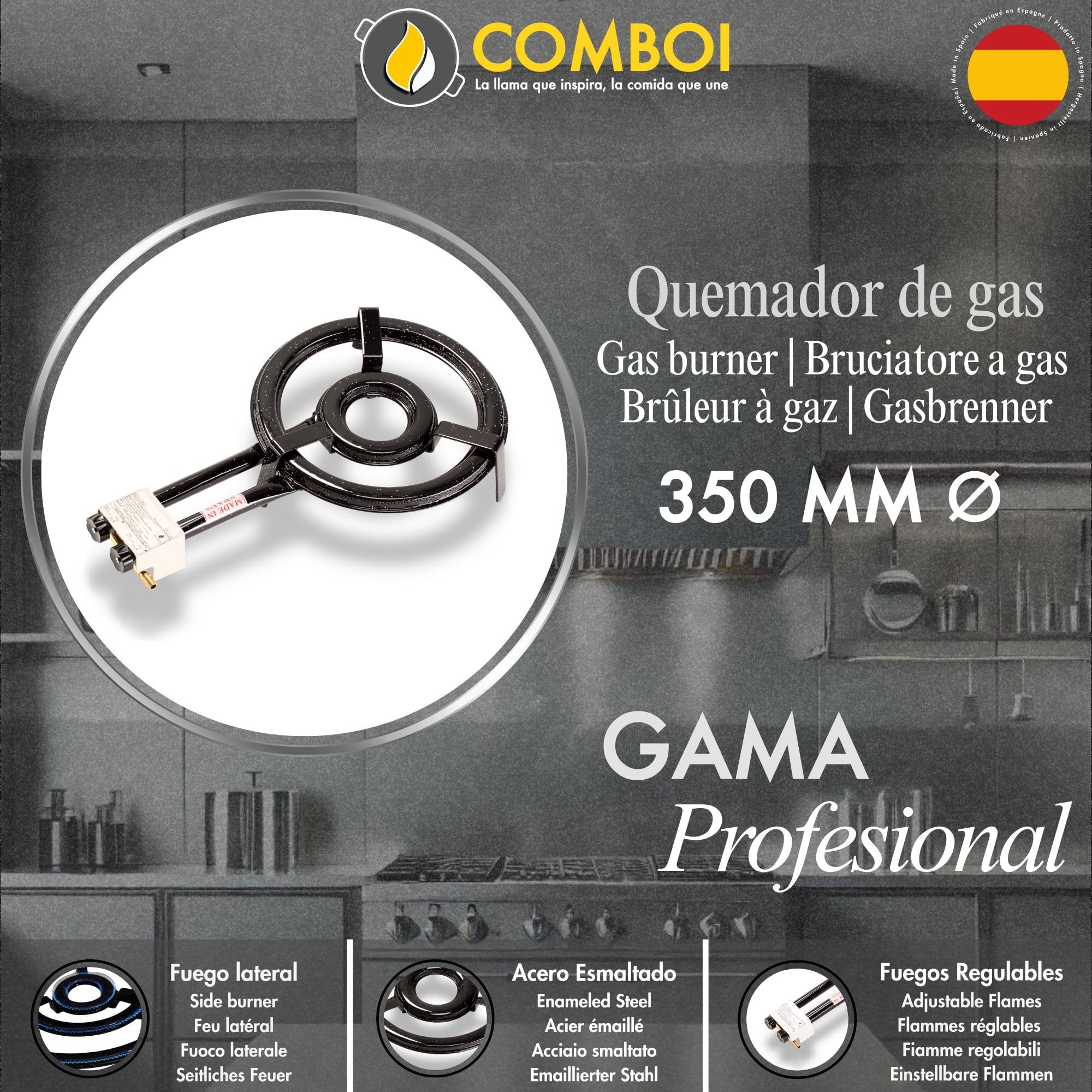 COMBOI Kit Professionnel à Paella - Poêle Polie 46 cm, Brûleur Plat 35 cm, Régulateur, Tuyau, Support Pieds, Niveau, Tablier, Livre de Recettes Numérique