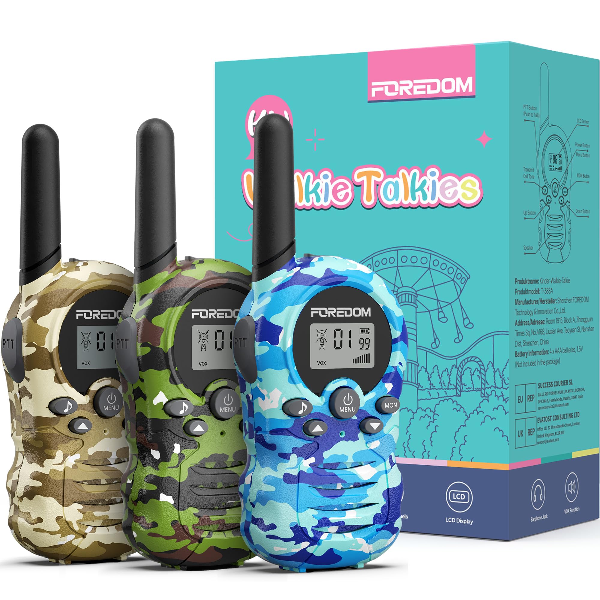 FOREDOM Walkie Talkies for Kids Walkie Talkies Long Range for Boys & Girls Age 3 to 12 Year Old Birthday Cool Army Toys - 3 Pack