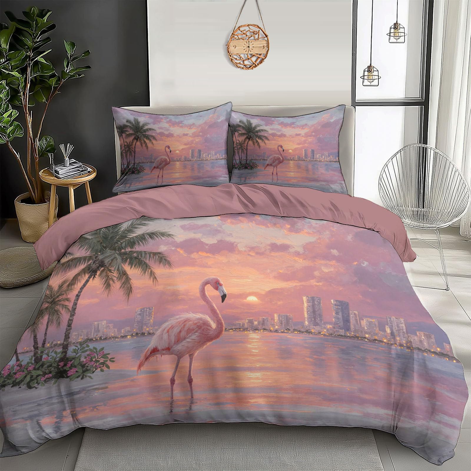 Housse de couette 220x240cm flamants roses avec 2 taies d'oreiller