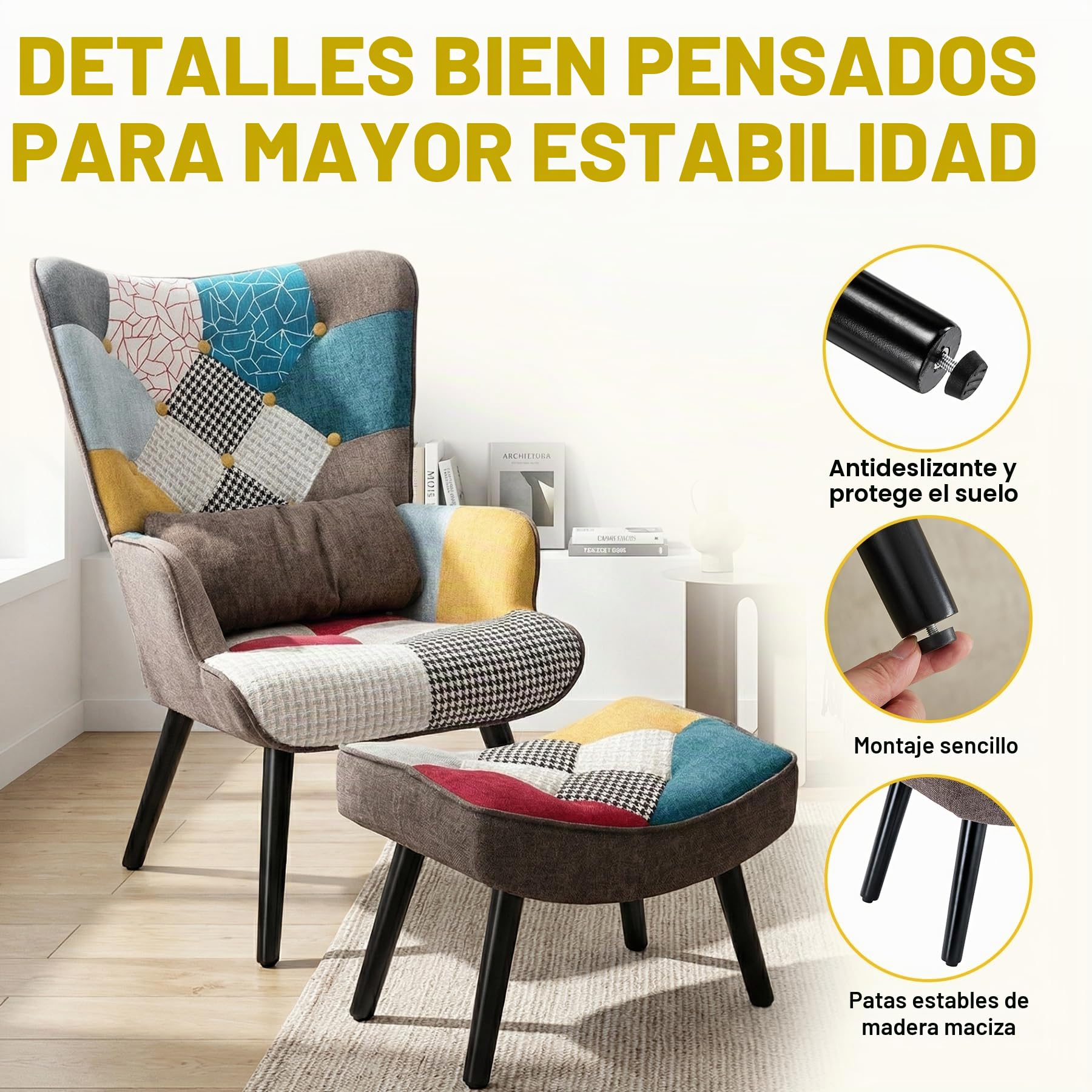 Sillón Orejero Patchwork con Reposapiés y Cojín Lumbar, Marrón | Patas de Madera Maciza, Tela de Lino y Diseño Ergonómico, Butaca de Lectura para Salón y Dormitorio, Soporta hasta 150 kg