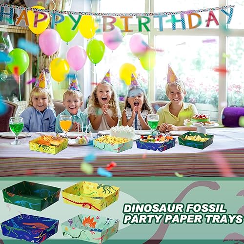 Miniatura 7 de Tioncy Paquete de 48 bandejas de papel para fiesta de dinosaurios, diseño de fósiles de dinosaurios, bandejas de papel de 5 libras, botes de comida
