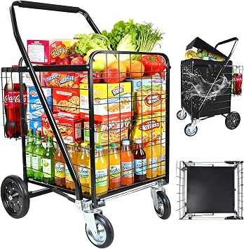 Folding Shopping Cart with Removable Waterproof Liner, 450LBS Capacity Grocery Cart with Dual Basket & 360 Swivel Wheels, 39.5 Gal Jumbo Heavy-Duty Cart Wagon for Grocery Shopping Laundry Transport