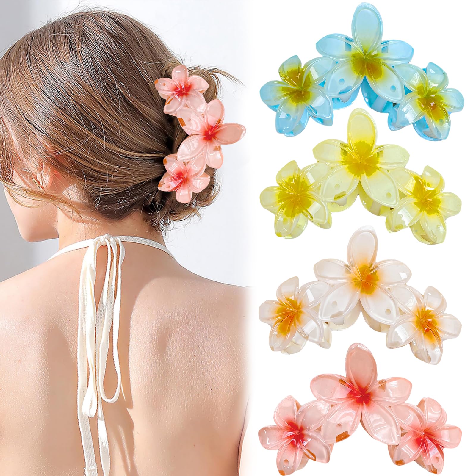 NATOSU 4 pinzas para el pelo de flores, pinzas grandes de sujeción fuerte para cabello grueso, pinzas antideslizantes para el pelo para mujeres, pinzas de garra de flores hawaianas