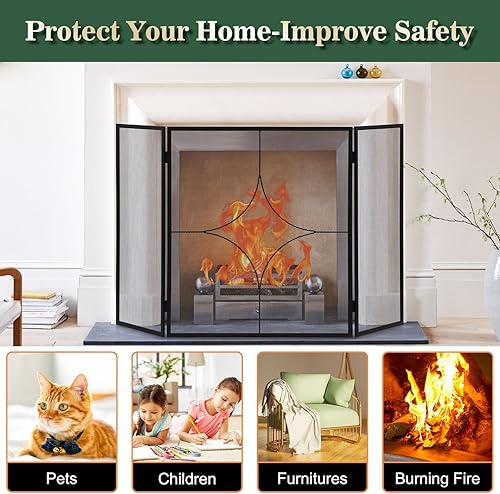 Miniatura 5 de FEED GARDEN Pantalla para chimenea de 3 paneles de 48 pulgadas de ancho x 28 pulgadas de alto, moderna y plegable con malla decorativa de metal