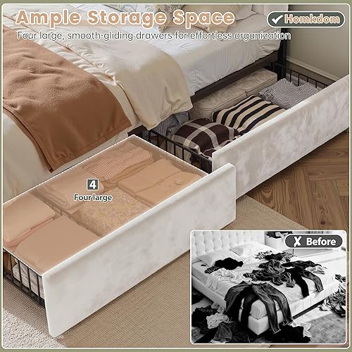 Miniatura 6 de Base de cama tapizada Queen con 4 cajones y cabecera de terciopelo, marco de cama de plataforma tamaño Queen con luces LED, soporte de listones de