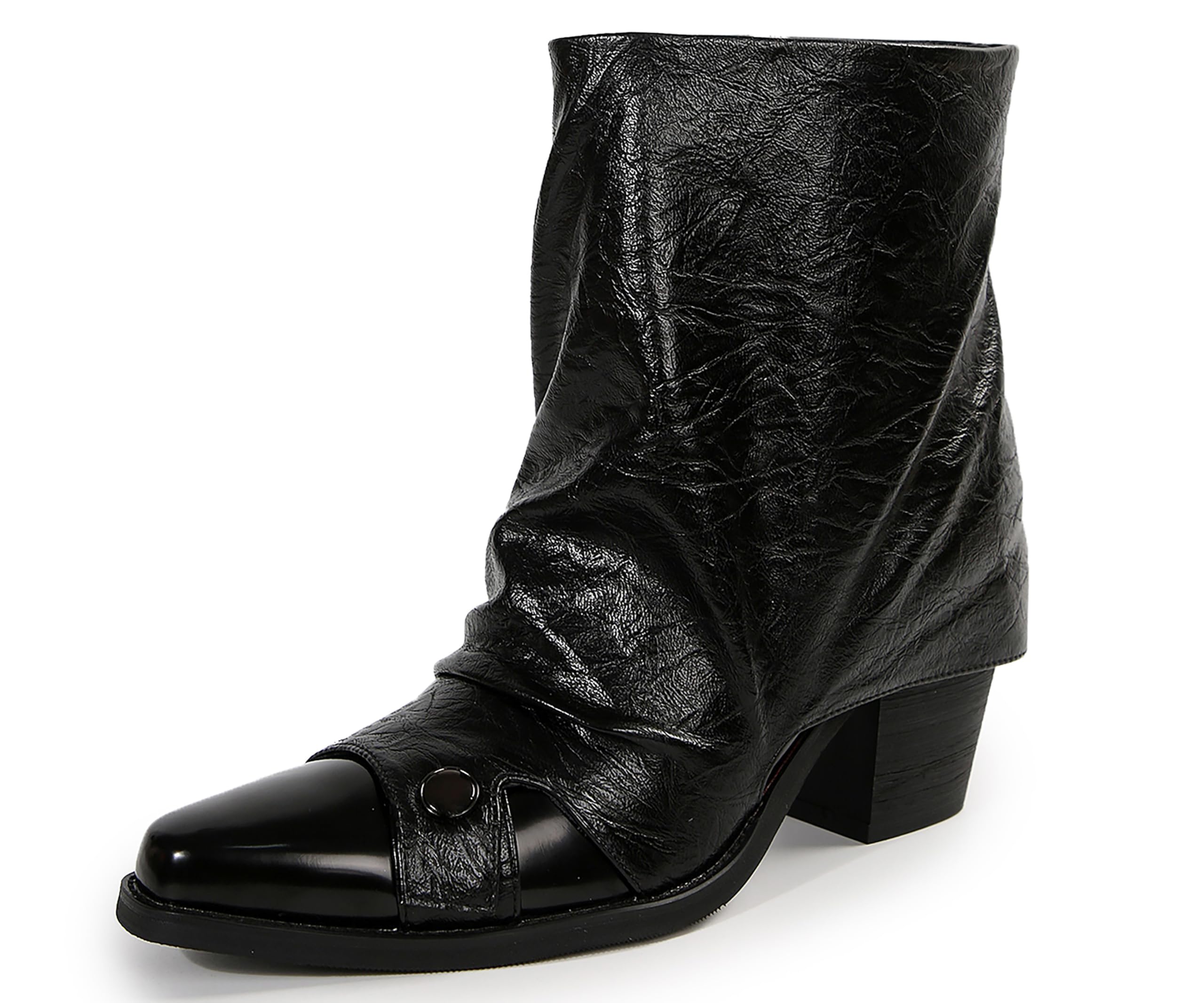 Ankle Cowboy Boots for Women Wide Calf Chunky Sole Block Heel Western Boots Chic Comfortable Black Foldover Cowgirl