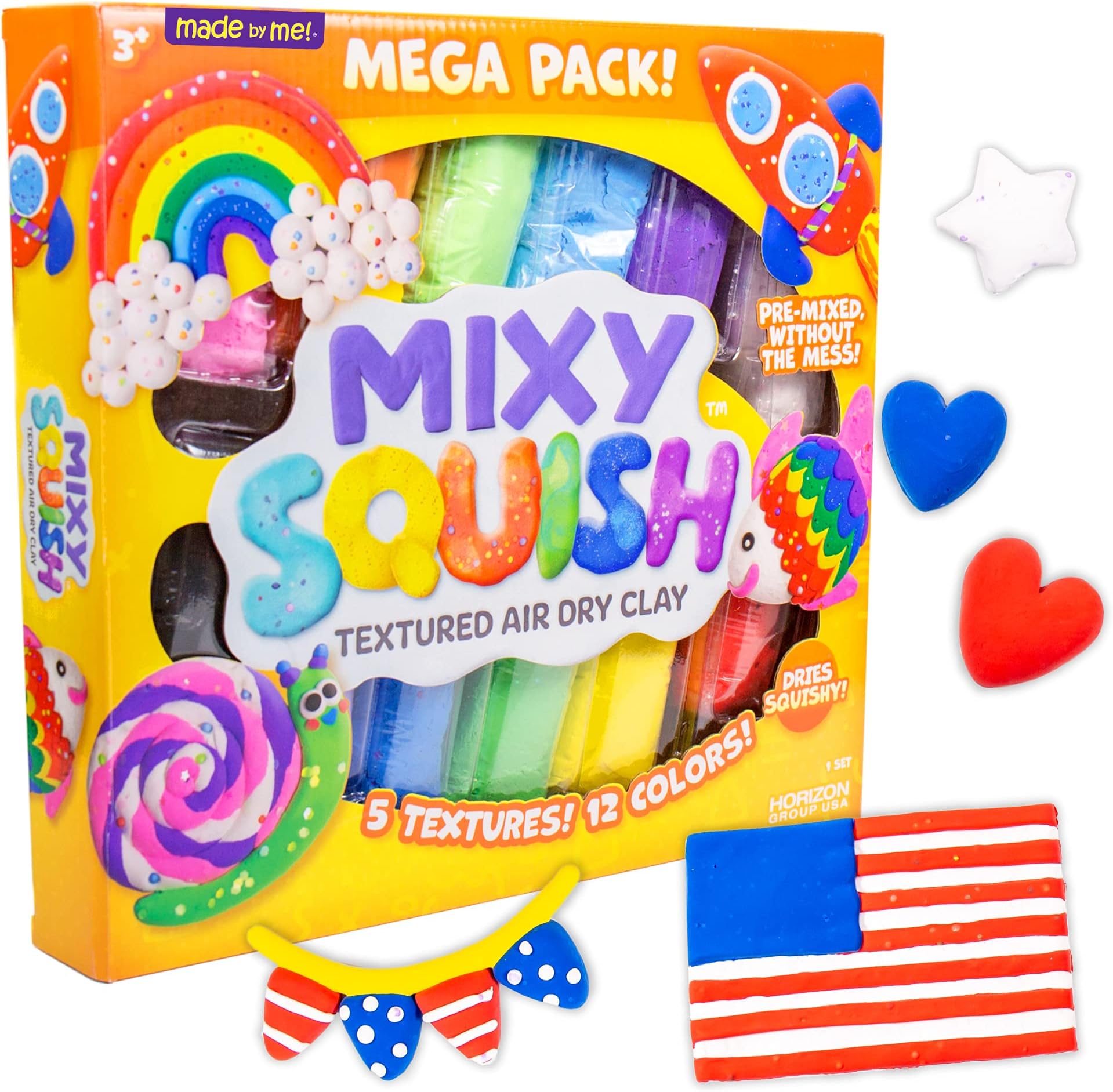Made By Me Mixy Squish Rainbow Mega Pack by Horizon Group USA, Includes 12 oz. of Pre-Made Air Dry Clay, Sensory Play, 12 Colors, 5 Different Crunchy, Bumpy, Soft Textures, Dries Squishy & Smooth
