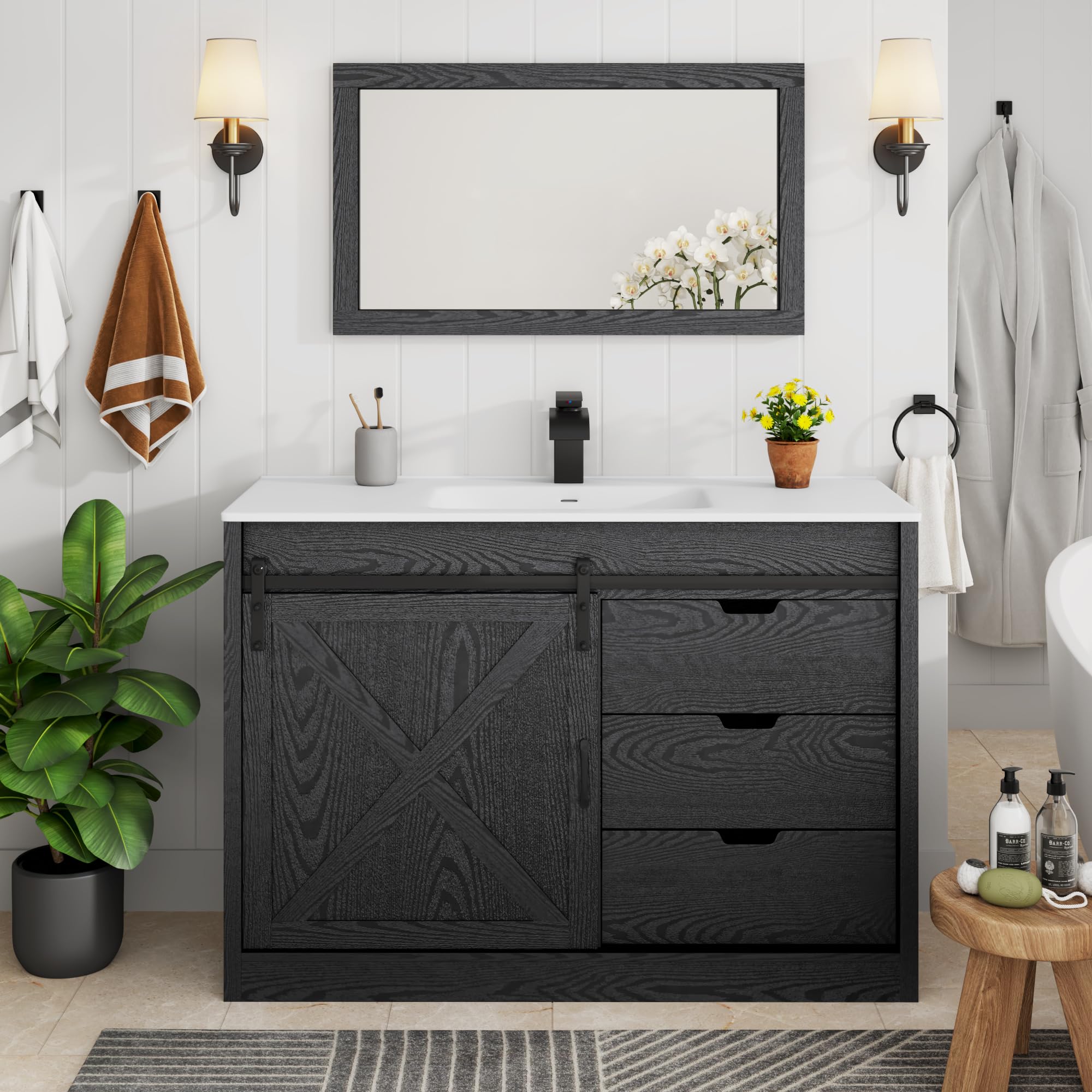 chartustriable 48 Inch Farmhouse Bathroom Vanity with Sink Faucet and Mirror Wood Grain Black