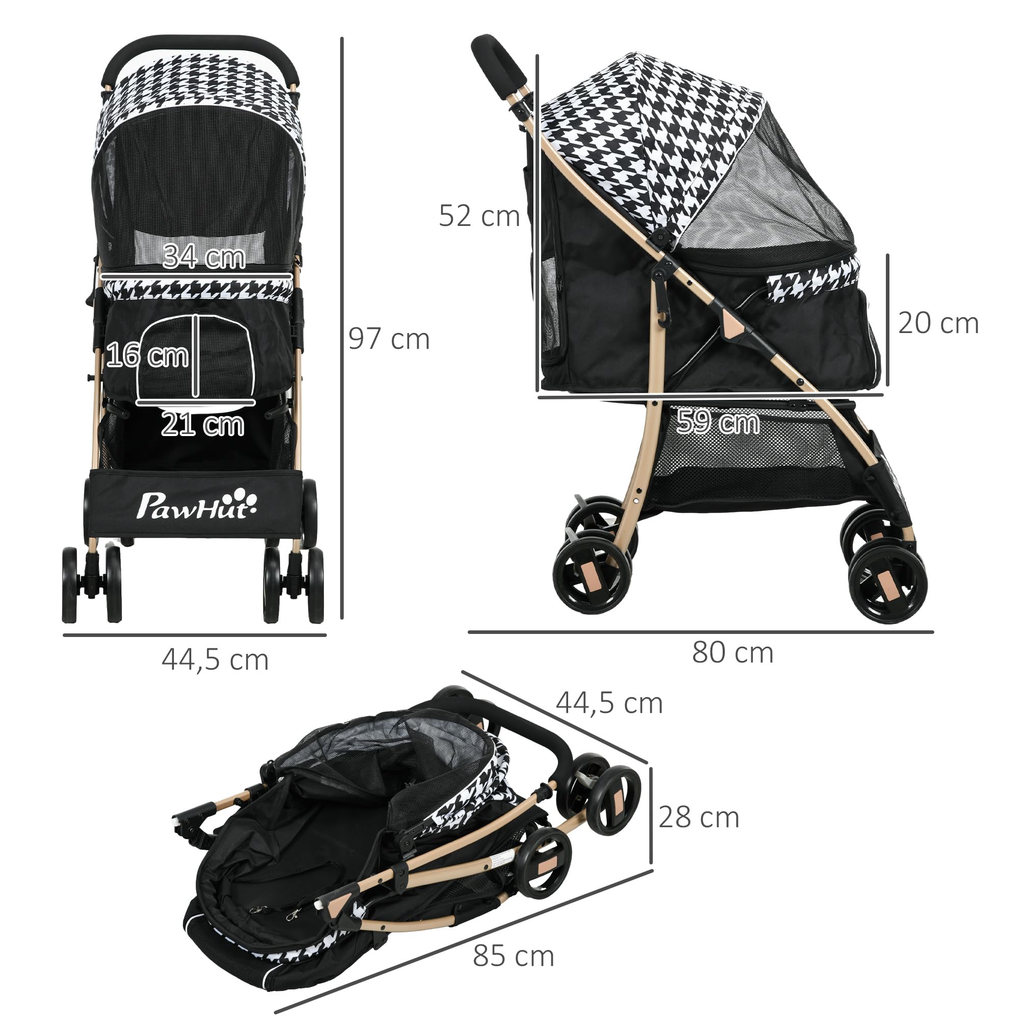 PawHut Passeggino pieghevole per cani con 2 porte, finestra a rete, cestino di sicurezza e cuscino 80x44,5x97 cm Nero