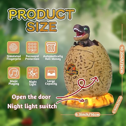 Miniatura 3 de Alcancía para niños, banco de dinero de huevos de dinosaurio con desbloqueo de huellas dactilares, luz nocturna, música, cajero automático de