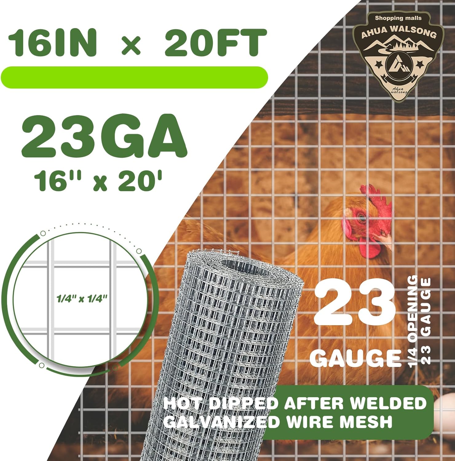 Hardware Cloth 1/4 Galvanized Wire Mesh Roll 16" x 20' (23 GA) - Chicken Wire Fence for Pens, Coops, Rabbit/Snake Fences, Poultry Enclosures, Crafting, and Screen Mesh