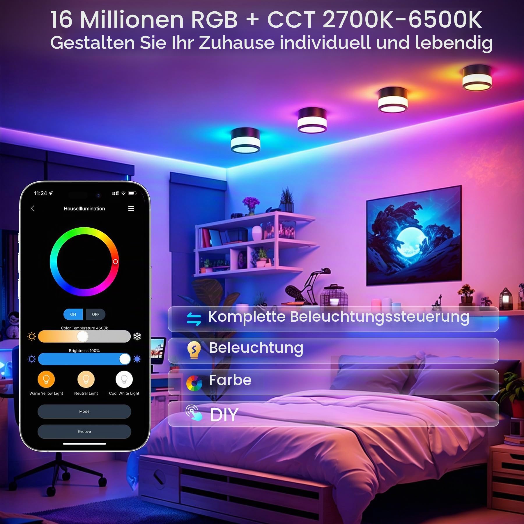 LED Aufbauspot RGB Deckenspots Aufputz IP65 Schwarz, 2 Stück | 12W, Deckenleuchte mit Fernbedienung APP, Dimmbar, 2700K-6500K, Flach, Aluminium, Rund Aufbaustrahler für Badezimmer, Ø10,9cm
