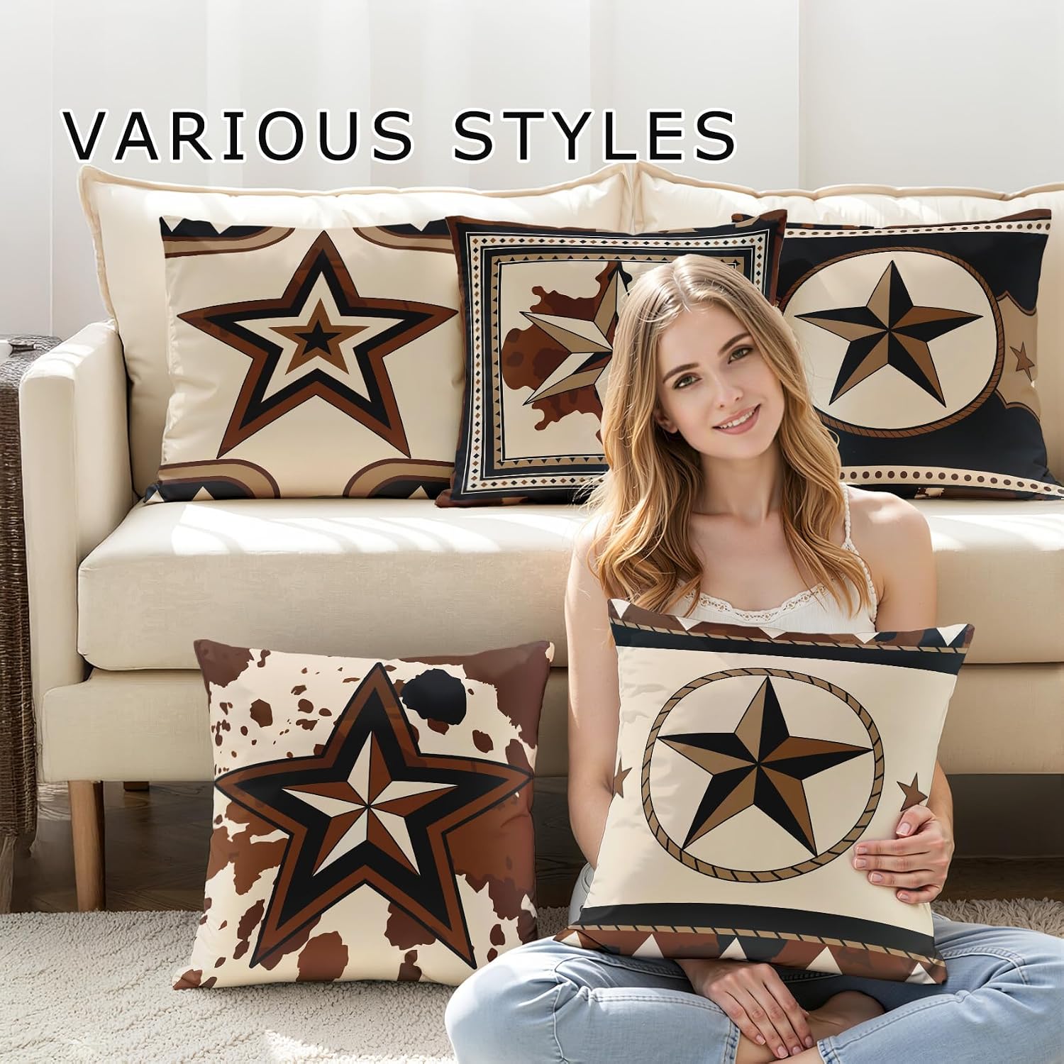 Cowboy Throw Pillow Covers 18x18 - Texas Star Western Farmhouse Rustic Pillow Cases Set of 2 Double Sided Print, Soft Sofa Pillowcases for Living Room Decor