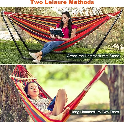 Hammock with Stand, Double Cotton Hammock with Adjustable Steel Frame & Spreader Bar for Garden/Backyard/Travel, Includes Carry Bag, 2 Hooks & Ropes, Easy Assembly - Red - 6
