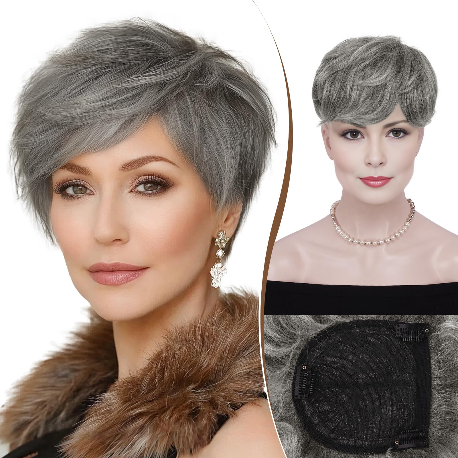 RUWISS Short Hair Toppers for Women Real Human Hair, 5x5.5 Base Pixie Cut with Bangs, Clip-In Curly Hair Pieces for Women with Thinning Hair, Gray and