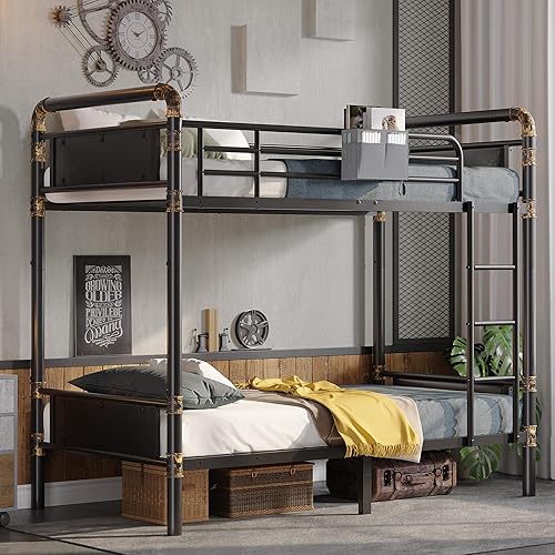 2 IN 1 Metal Bunk Bed Twin Over Twin, Convertible Twin Bunk Beds into 2 Individual Twin Size Bed for Kids Adults, 14.8" High Guard Rail,Space-Saving No Box Spring Needed Easy Assembly (Black)
