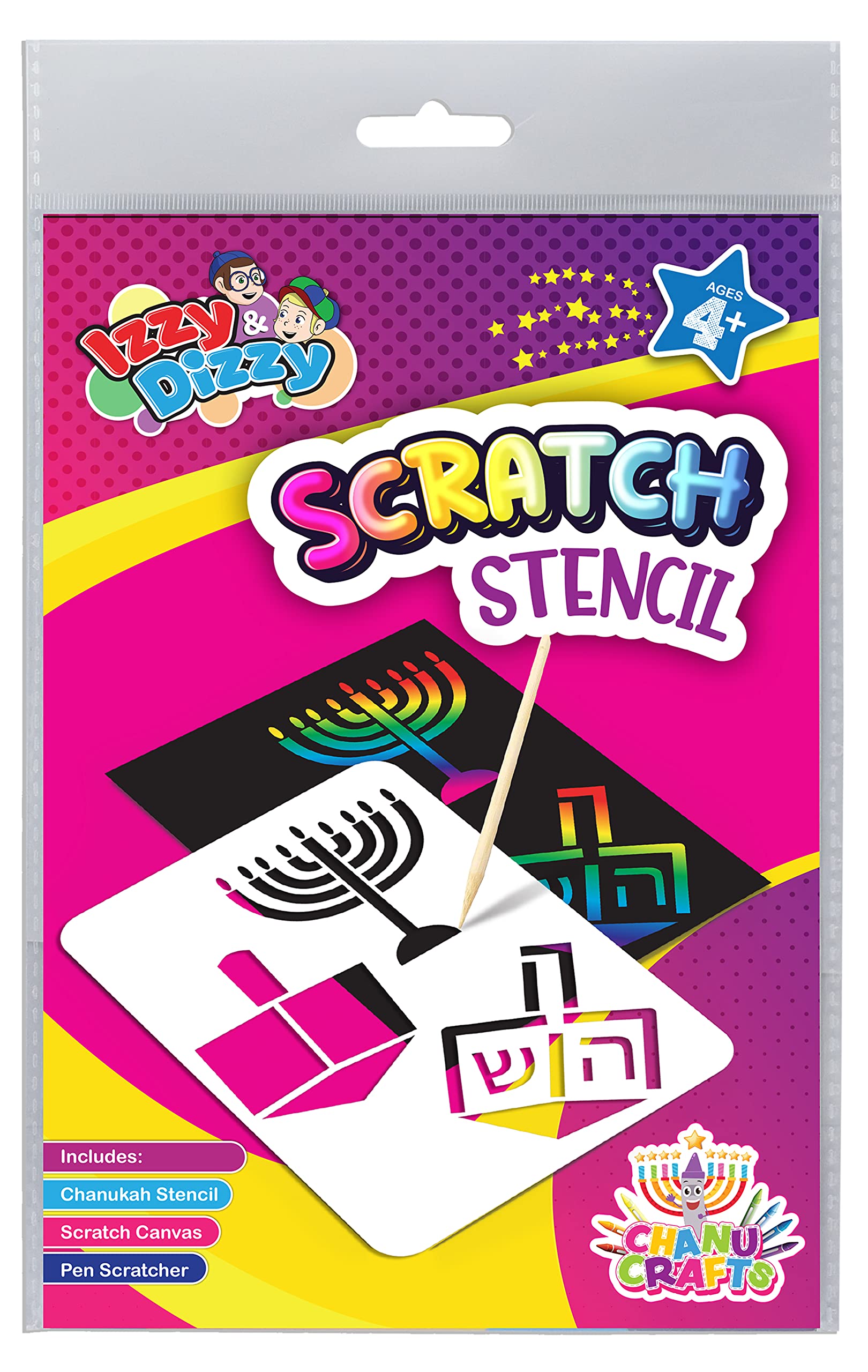Izzy ‘n’ Dizzy Hanukkah Scratch Stencil Art Kit - 8" x 6" - Includes Sctatch Stick - Chanukah Arts and Crafts - Gifts and Games