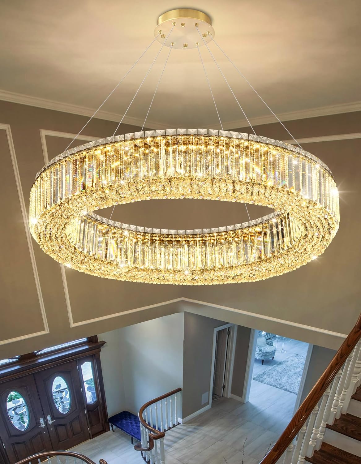 32'' Modern Ring Chandeliers for High Ceiling Luxury Dimmable Crystal Ceiling Light Fixtures for Foyer Staircase Entrance Villa Large Gold
