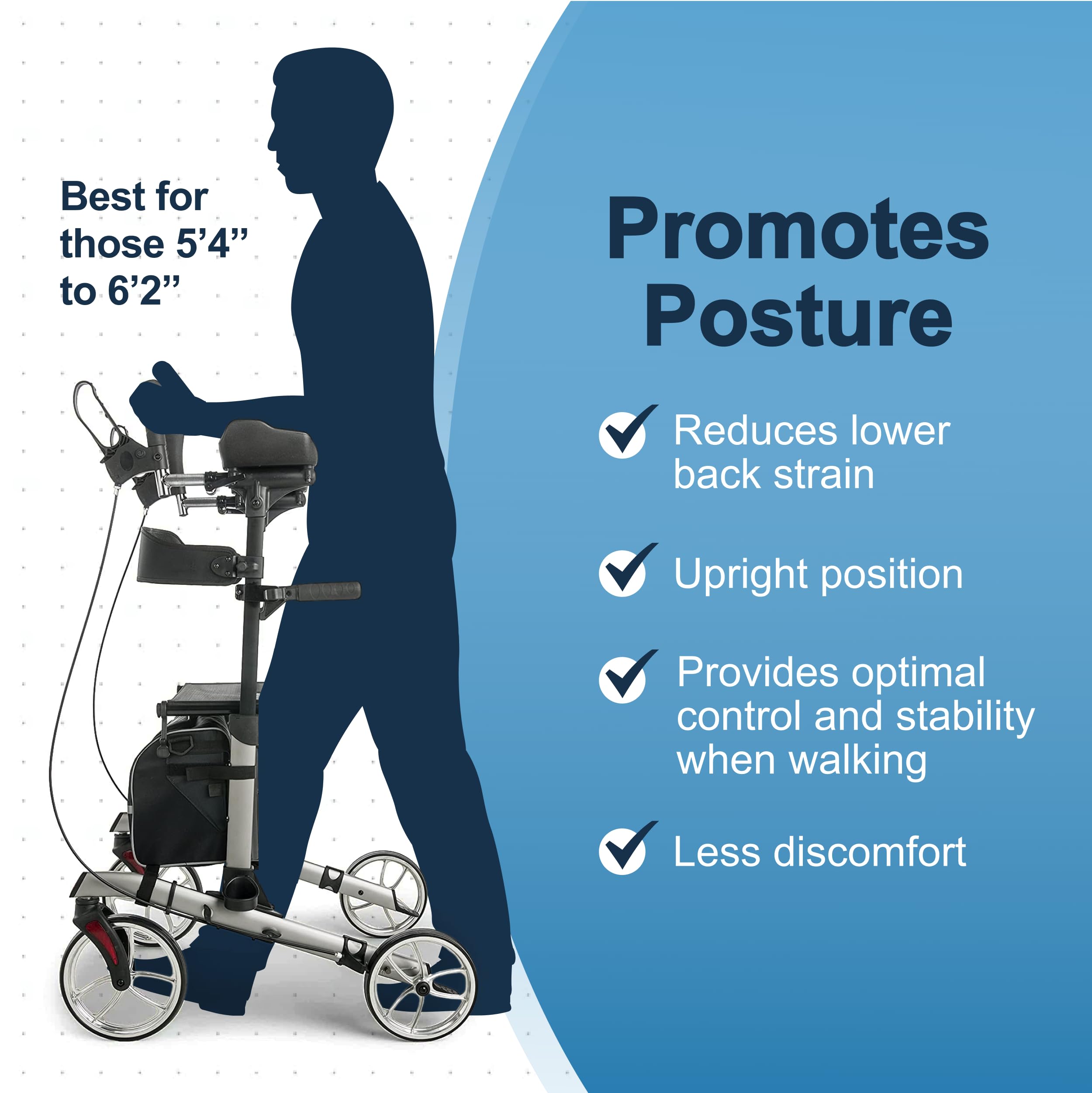 Lumex Gaitster Walker vertical con almohadillas de antebrazo, ruedas grandes de 9 pulgadas y asiento acolchado, grafito