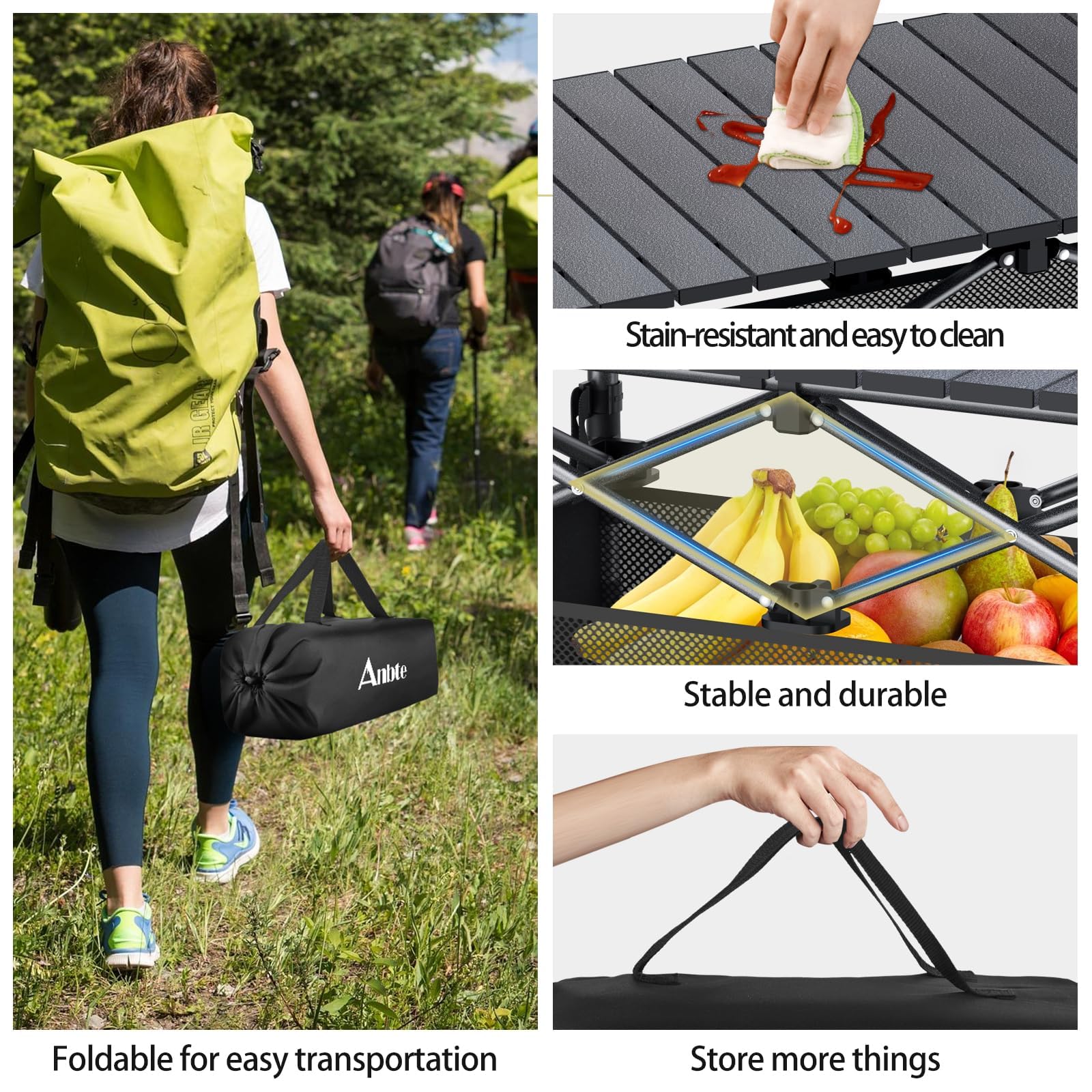 Anbte Draagbare klaptafel voor camping, tuin, 82 x 40 x 70 cm, multifunctioneel, van aluminium, voor picknick/strand/kantoor/balkon/ binnengebruik, zwart