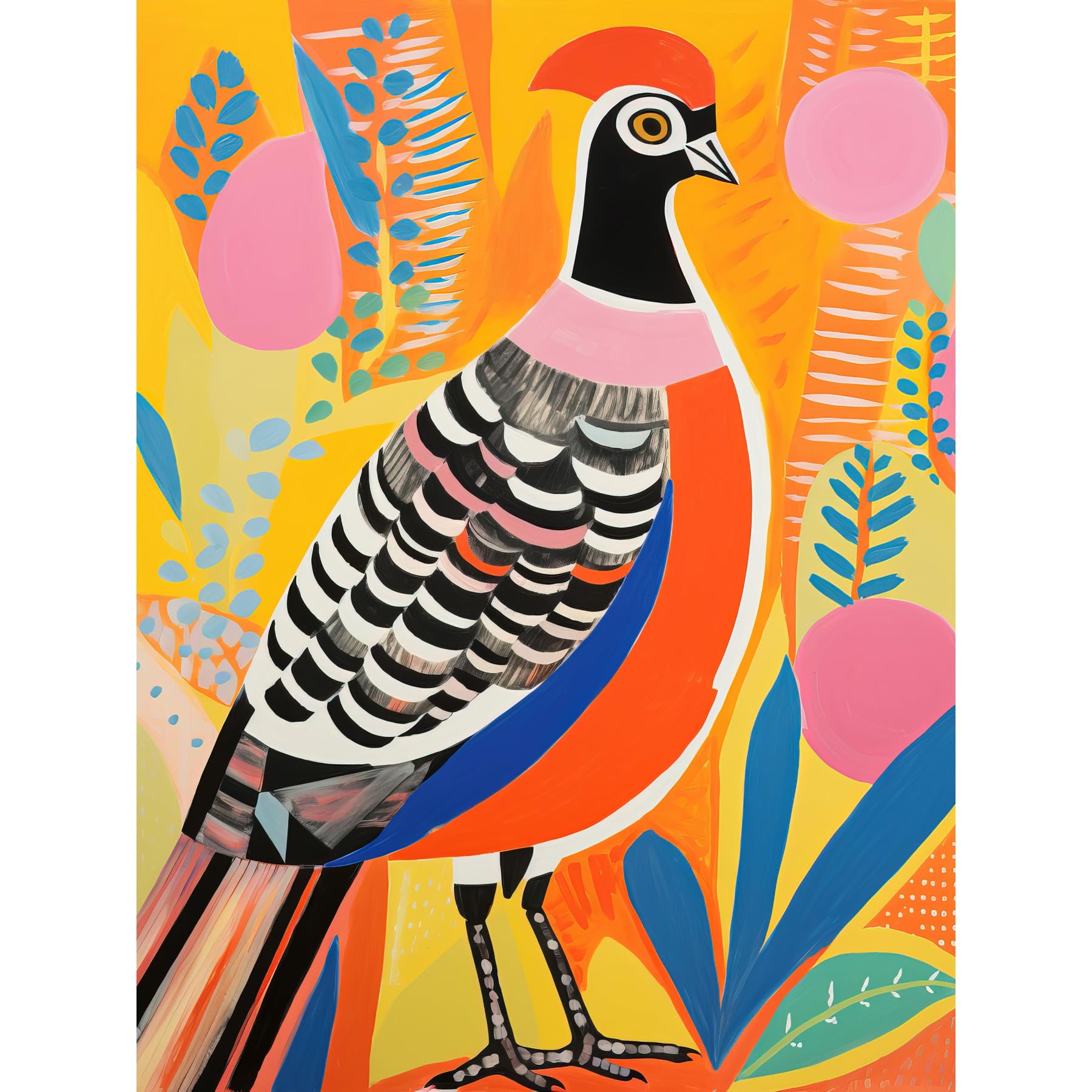 Artery8 Folk Art Poster - Pleasant Pheasant Grassland Acrylic Painting Artwork - W18" x H24"