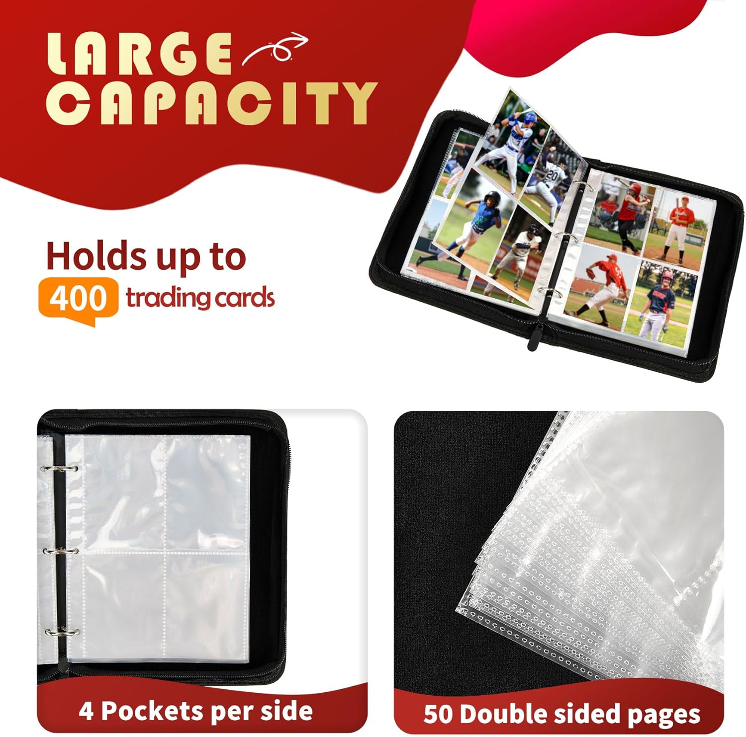 400 Pocket Baseball Card Binder – 4-Pocket Trading Card Album with 50 Sleeves, Card Holder Case for Topps, MTG, Pokémon – Gift for Boys, Girls, Collectors
