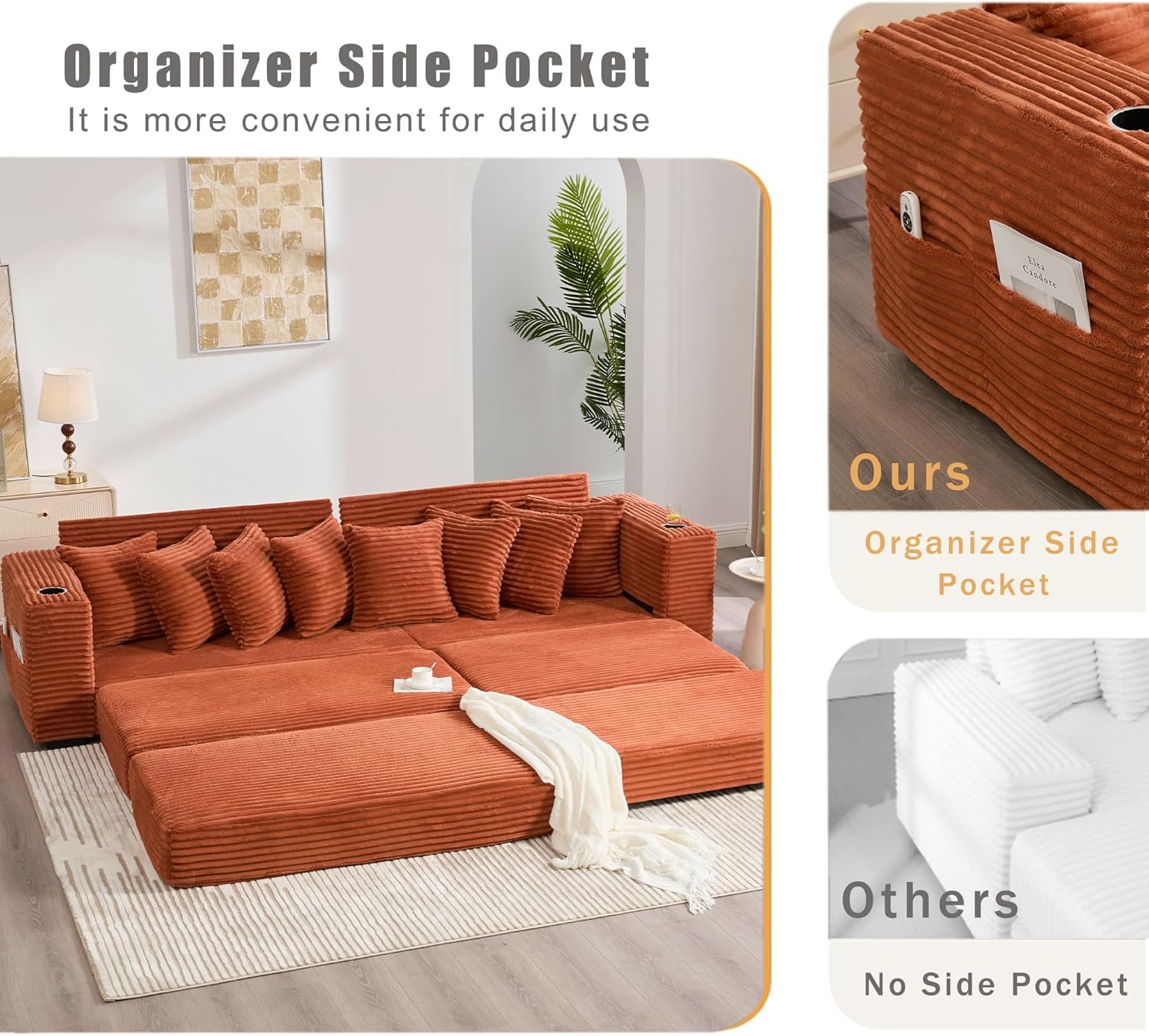 111" Modular L-Shaped Sofa, Corduroy Sectional Couch, Convertible Sofa Bed with Movable Footstool, Cup Holders, 8 Pillows & Side Pockets for Living Room & Apartment,Orange