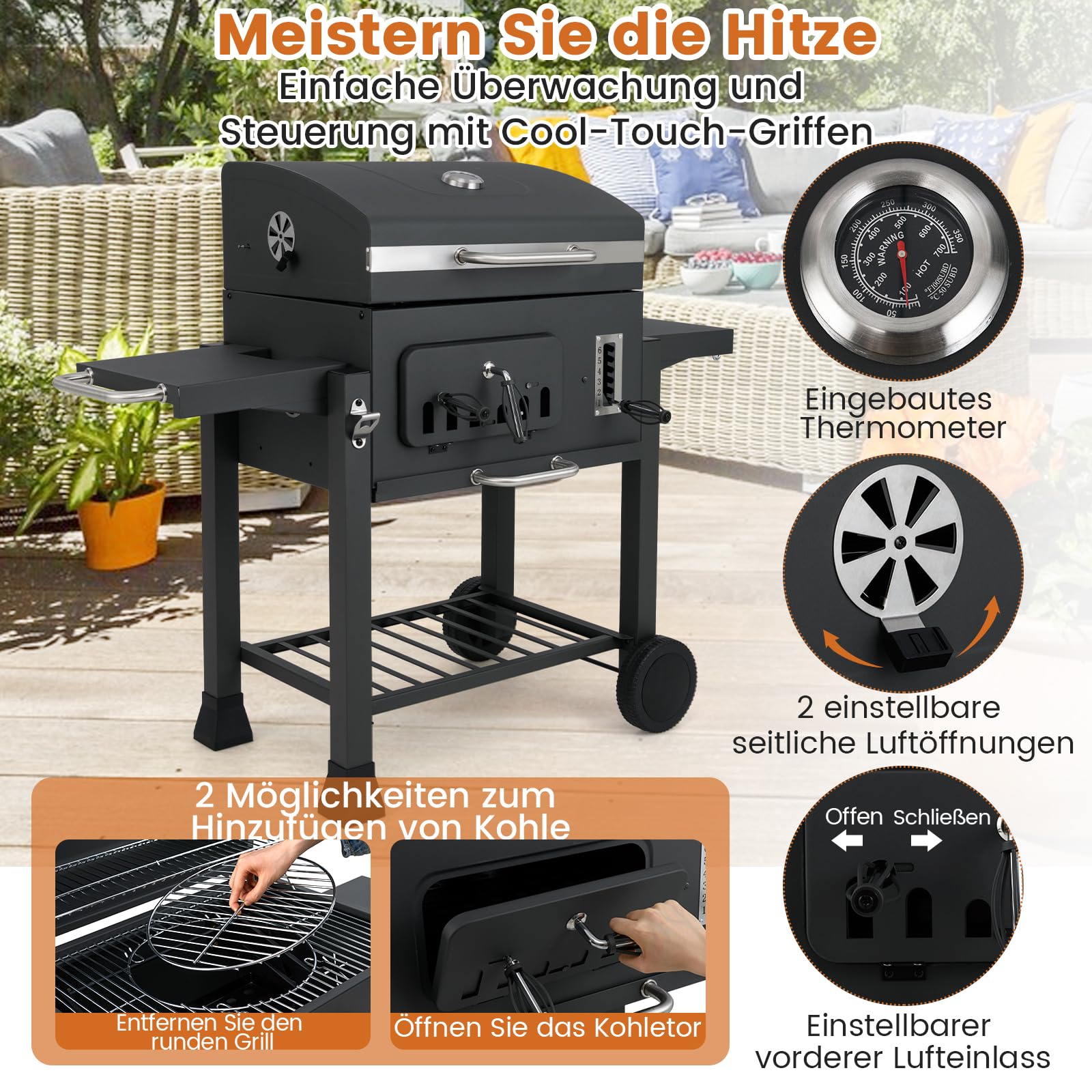 COSTWAY Grill na węgiel drzewny, grill na kółkach z pokrywką, kółkami, 2 składane stoły boczne, ruszt do grillowania, termometr, 6-krotny pojemnik na węgiel drzewny i półka, grill stojący, wózek na