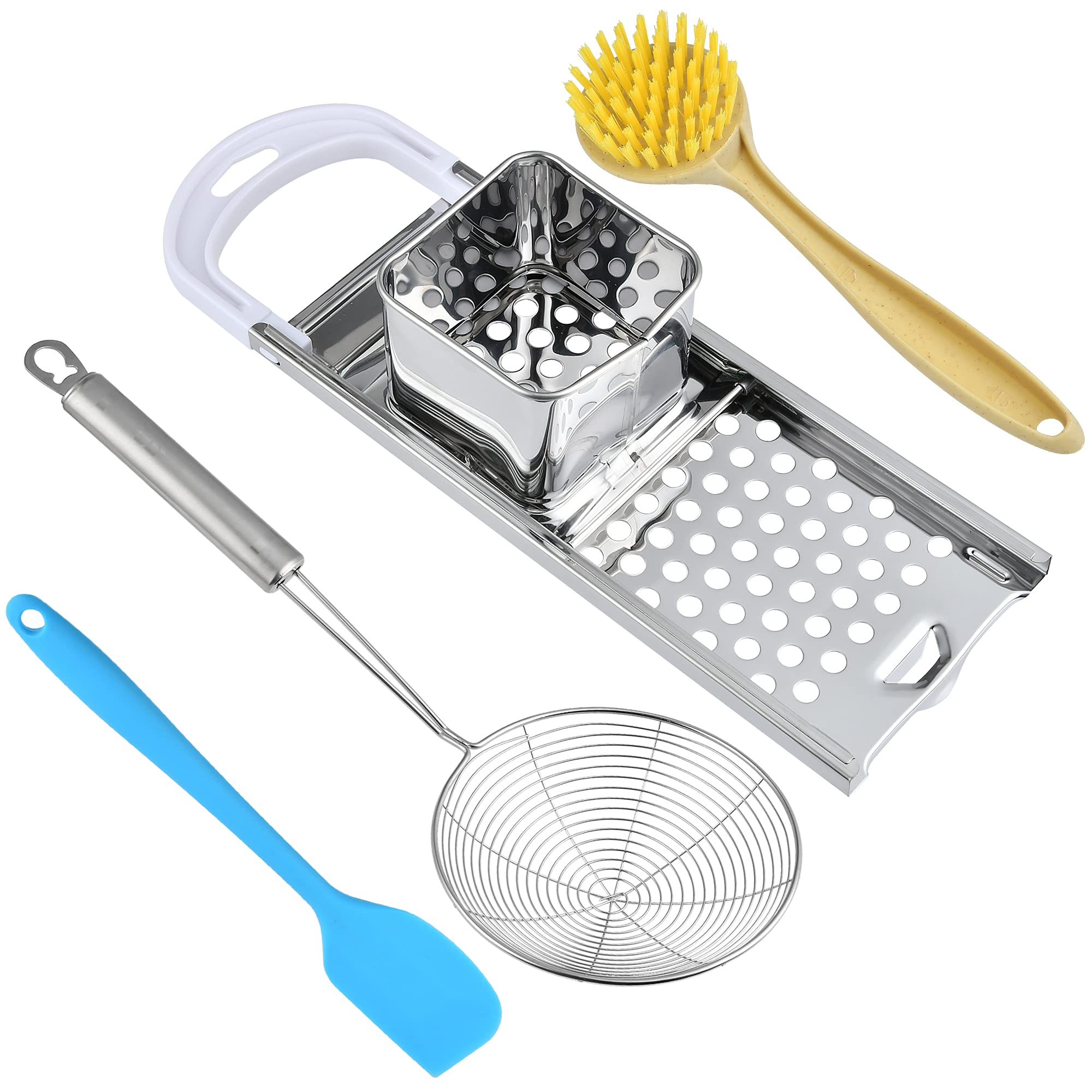 Stainless Steel Spaetzle Maker, Homemade Germany Spaetzle Noodle Maker with Comfortable Rubber Handle, Including Skimmer Spider Strainer Silicone Spatula and Cleaning Brush