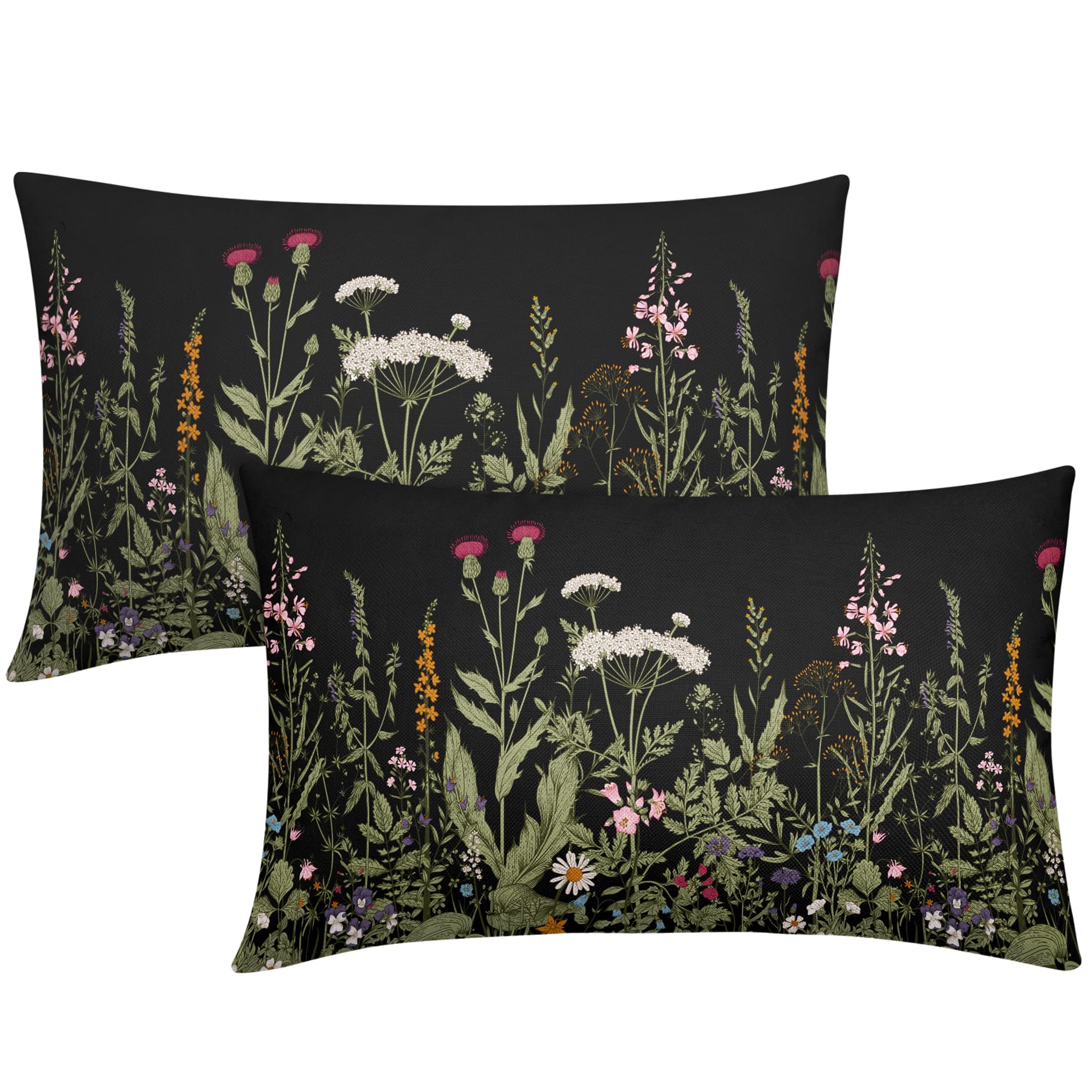 Spring Pillow Covers 12x20 Set of 2 Sage Green Black Floral Wild Flower Plant Vintage Botanical Print Decorative Lumbar Throw Pillow Cases Outdoor Seasonal Farmhouse Decor for Sofa Couch Bed