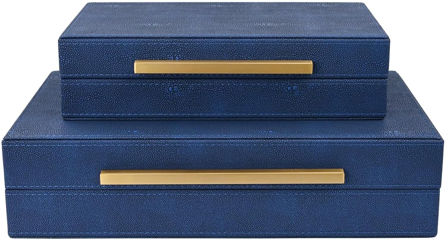 Navy Blue Shagreen Decorative Storage Boxes - Set of 2 Nesting Faux Leather Organizers with Lids, Large Stacking Jewelry Box for Home Decor