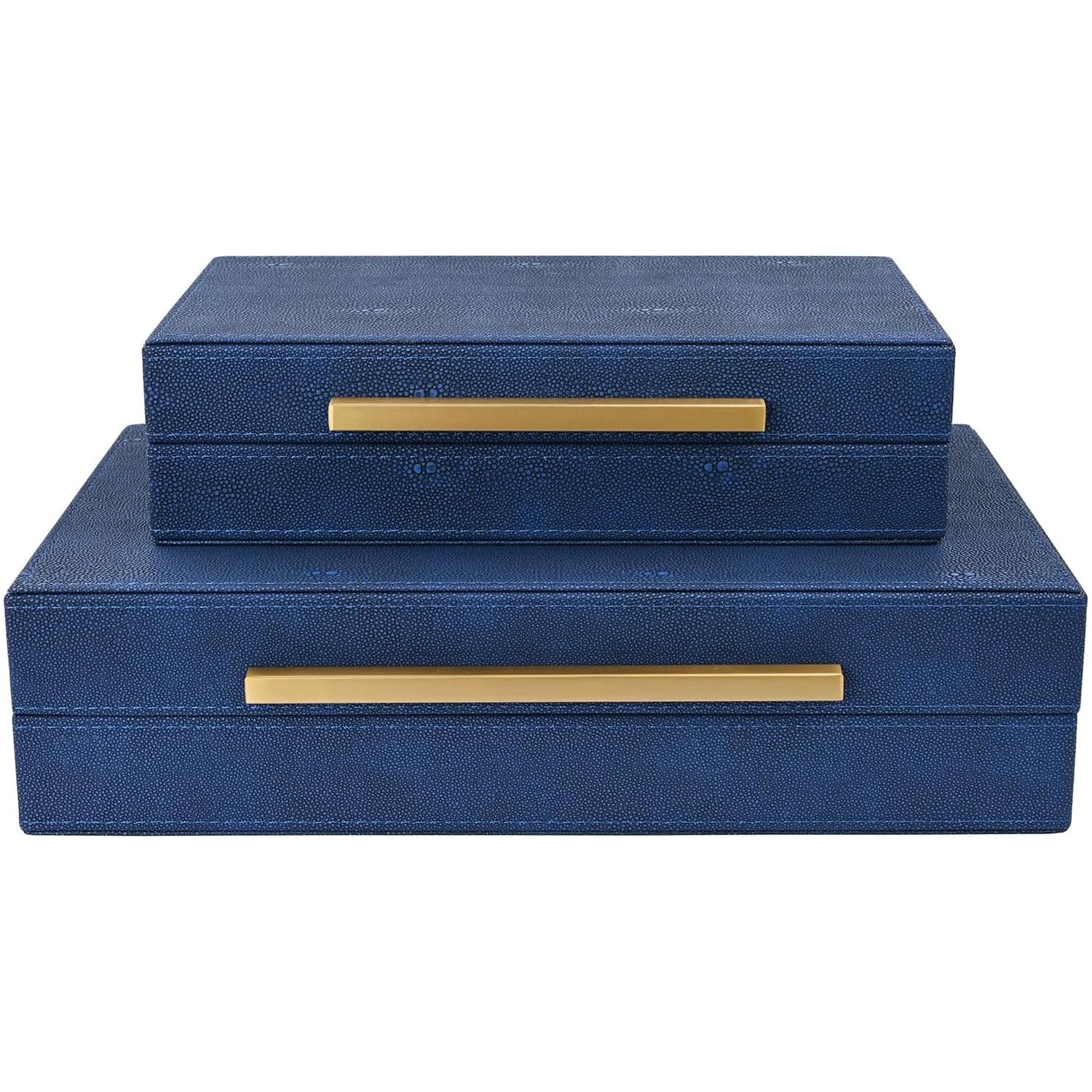 Navy Blue Shagreen Decorative Storage Boxes - Set of 2 Nesting Faux Leather Organizers with Lids, Large Stacking Jewelry Box for Home Decor