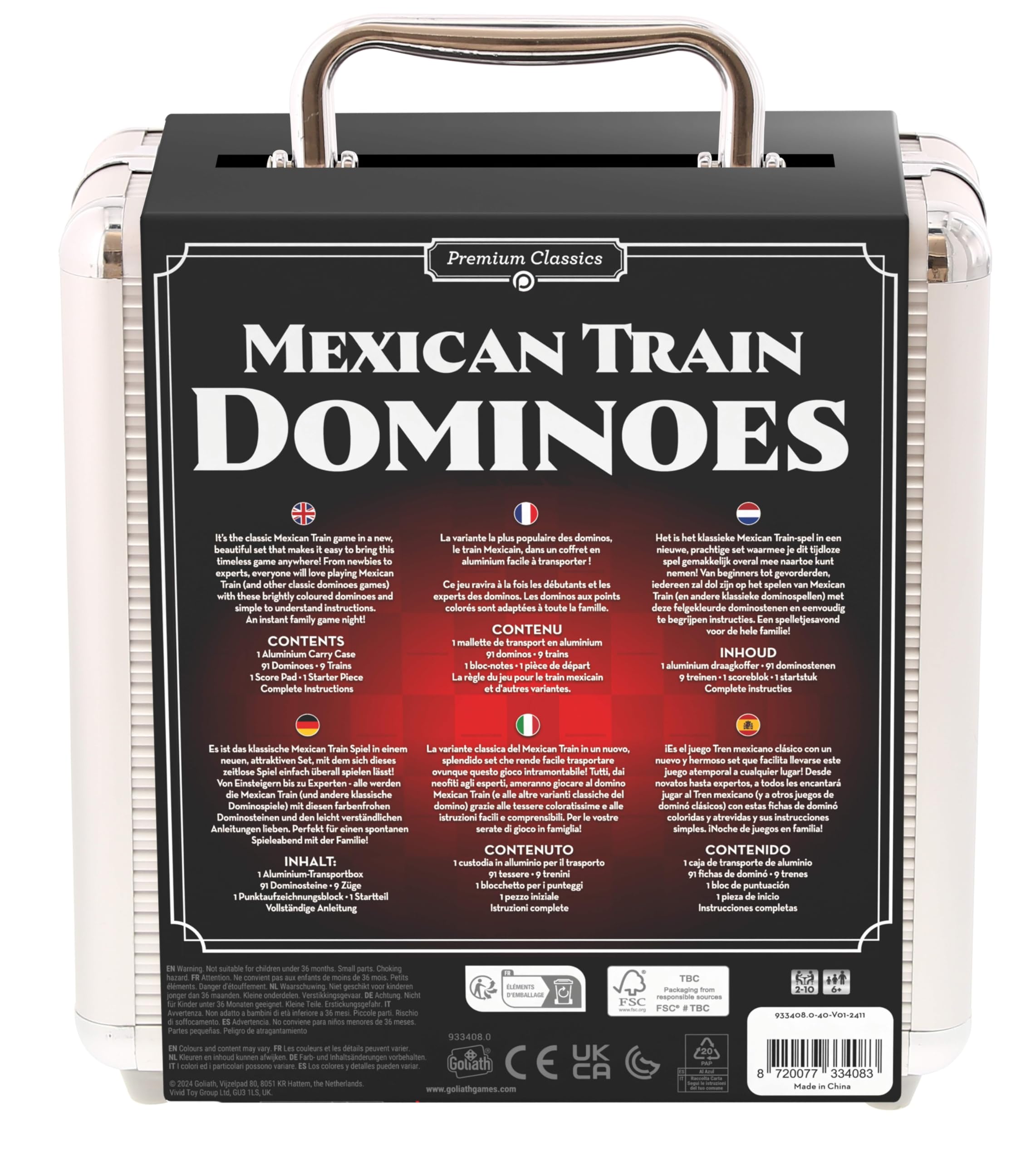 Goliath - MEXICAN TRAIN DOMINOES, aluminiowa cyna, gra domino dla dzieci od 6 lat, gra towarzyska dla 2-10 graczy, strategiczna gra planszowa
