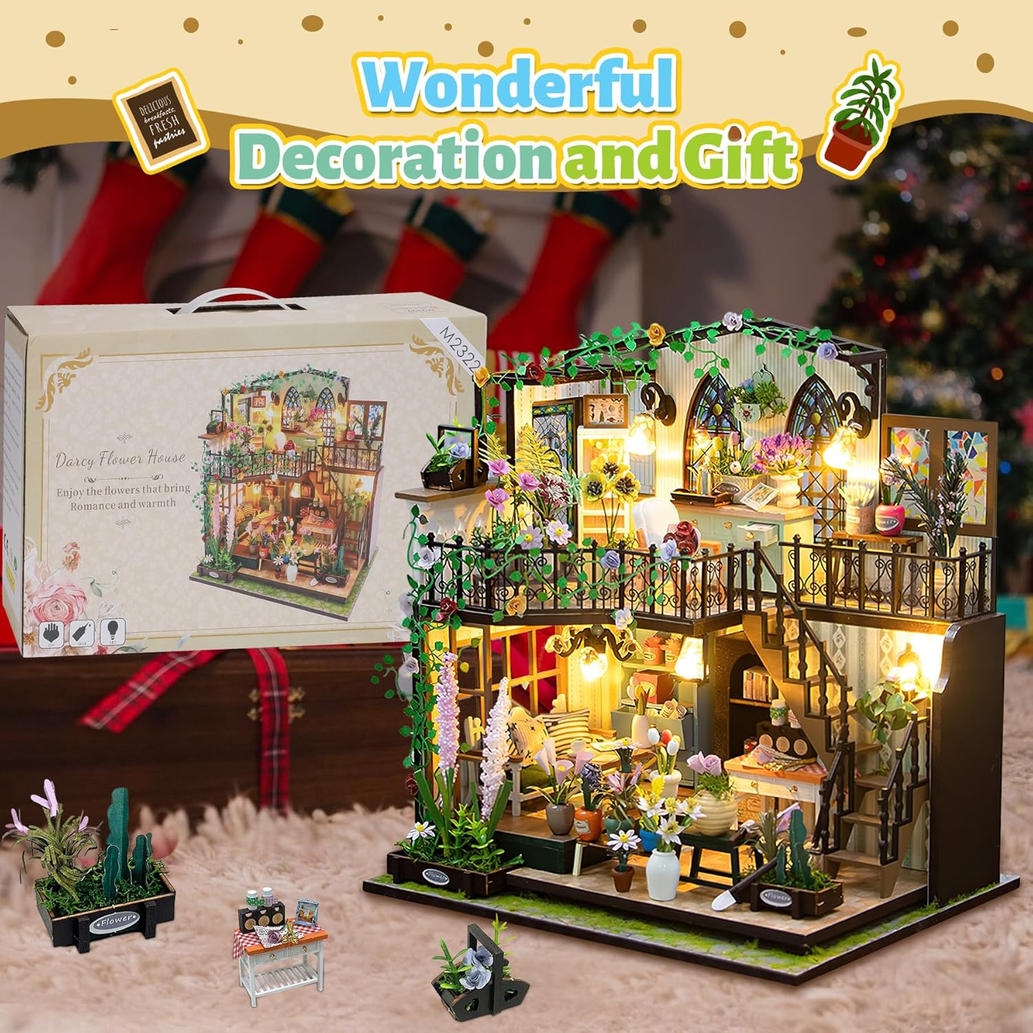 DIY Miniature Dollhouse Kit, Mini House Building Kit for Adults, Tiny House Making Kits with LED Light, Hobby Craft Decorations Birthday for Women, Garden House - Image 4