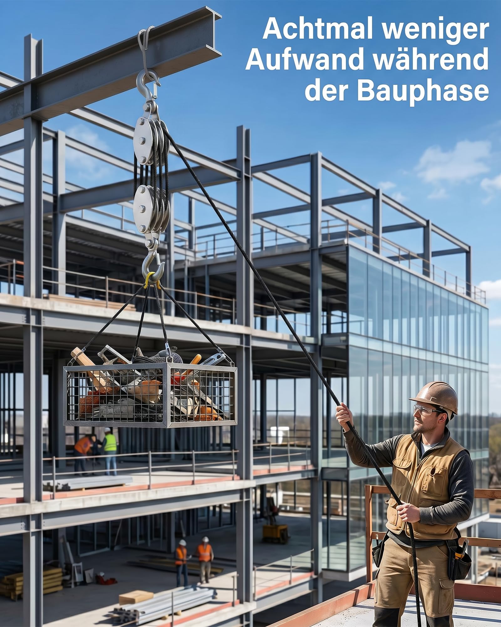 Flaschenzug Arbeitssparender, 8:1 Hubkraft Seilzug mit 20m Seil & Stahl-Kugellager, 2000kg Max Schwerlast Flaschenzug-Set für Garage, Werkstatt, Jagd & Boot, Rostfrei Verzinkt - Schwarz