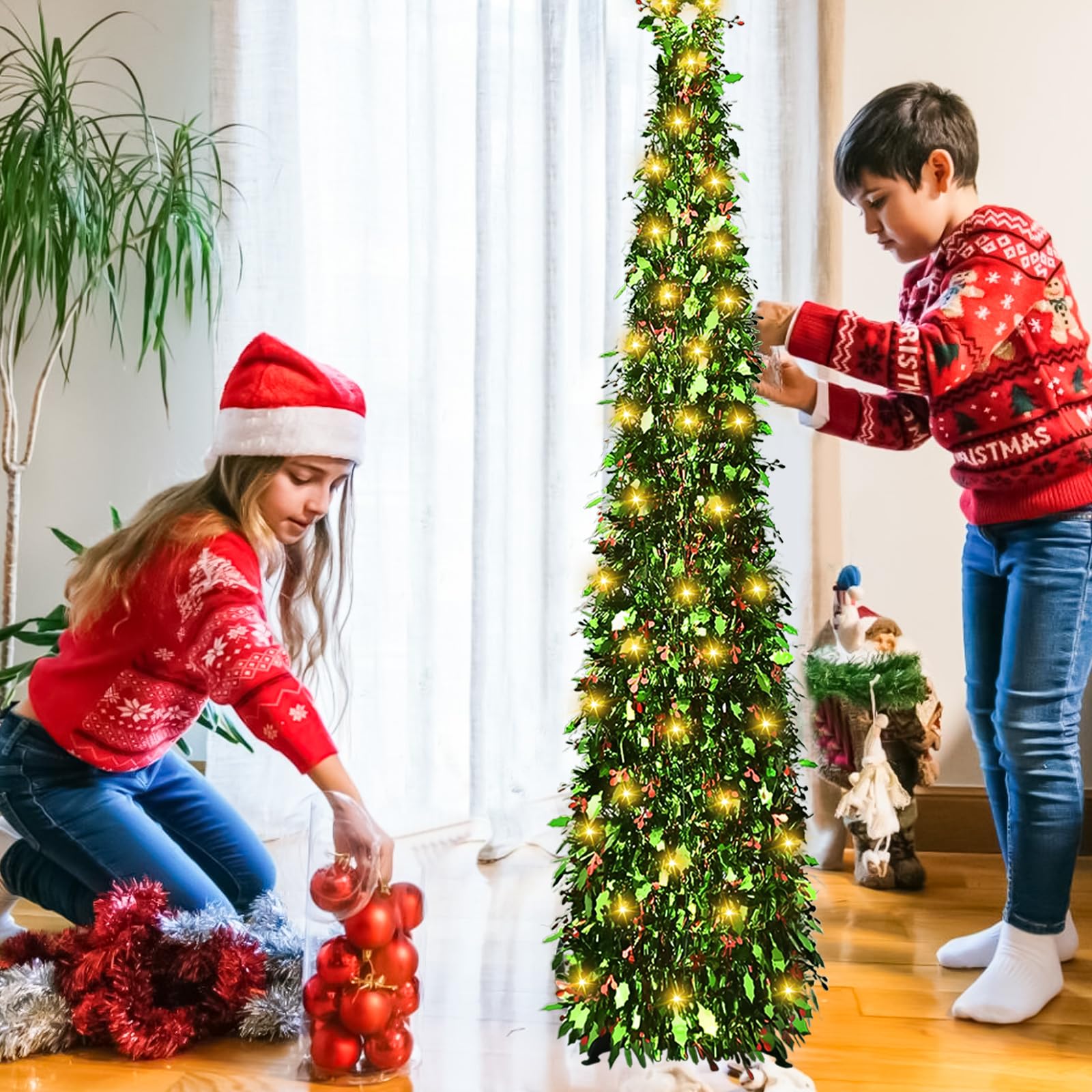 Árbol de Navidad Artificial y Plegable de 150 Cm, Arbol de Navidad Plegable con Una Guirnalda de Luces Cálidas de 5 Metros de Largo, Christmas Tree Verde, Navidad Decoración (E)