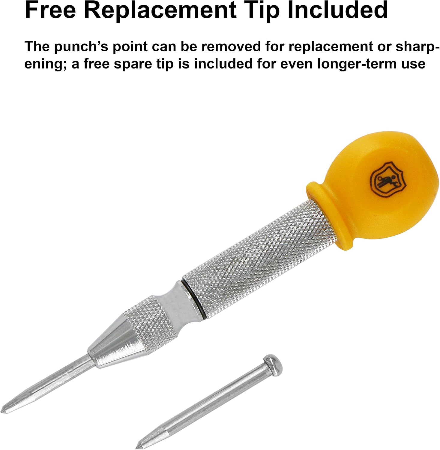 MulWark 5" Spring-Loaded Automatic Steel Center Hole Punch Marker Scriber For Wood, Metal, Plastic, Car Window Puncher Breaker Tool-With Palm Cushion Cap, Adjustable Impact-A Replacement Tip Included