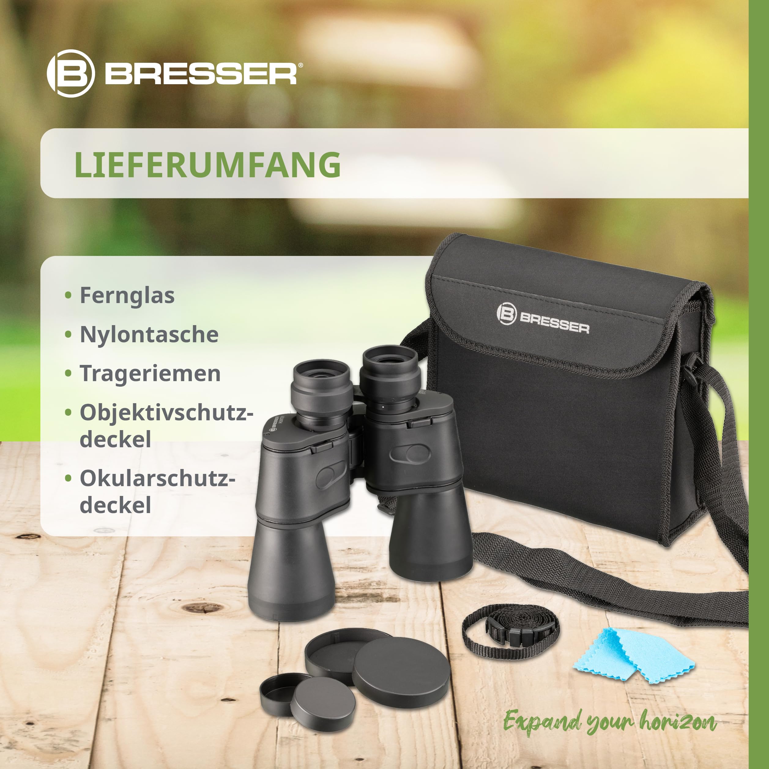 Bresser Fernglas Hunter 10x50 kompaktes Porro Fernglas, klein, leicht und ideal für Reisen, mit Mehrschichtvergütung und Dioptrienausgleich