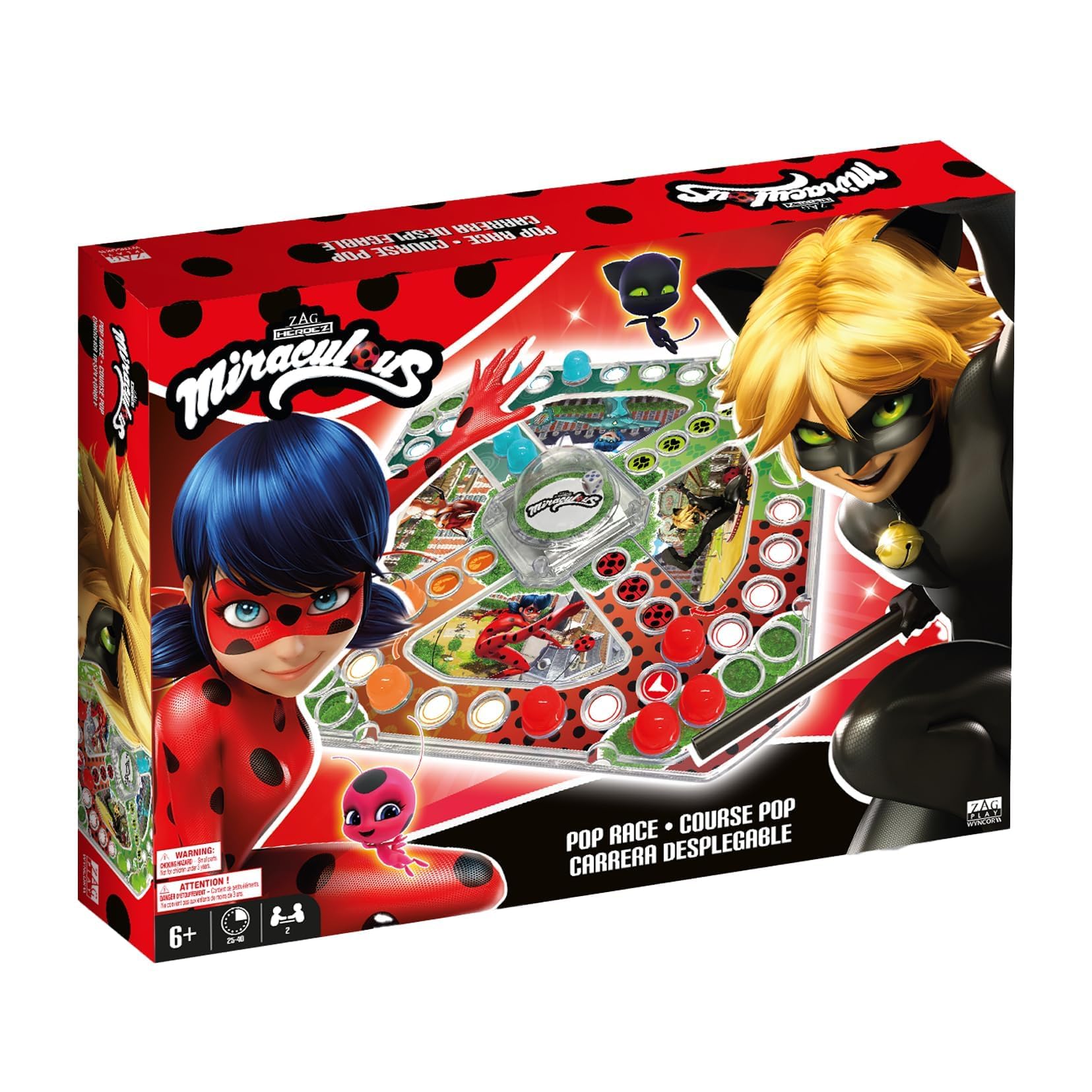 Miraculous Ladybug - Pop Race Paris, Vosges Park Board with Dice Dome and Colorful Movers, Board Game for Kids, 2 players, Toys for Kids Ages 6 and Up (Wyncor)