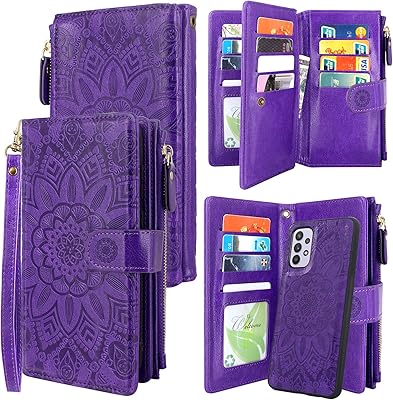 Harryshell Detachable Magnetic Zipper Wallet Leather Case with Cash Coin Pocket 12 Card Slots Holder Wrist Strap Lanyard for Samsung Galaxy A32 5G (2021) Flower (Purple)