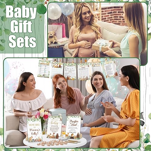 Miniatura 6 de Sherr 476 piezas Woodland Baby Shower Games 6 juegos de tarjetas de actividades, juego de caza de chupetes, 50 chupetes ¿Qué tan grande es el signo
